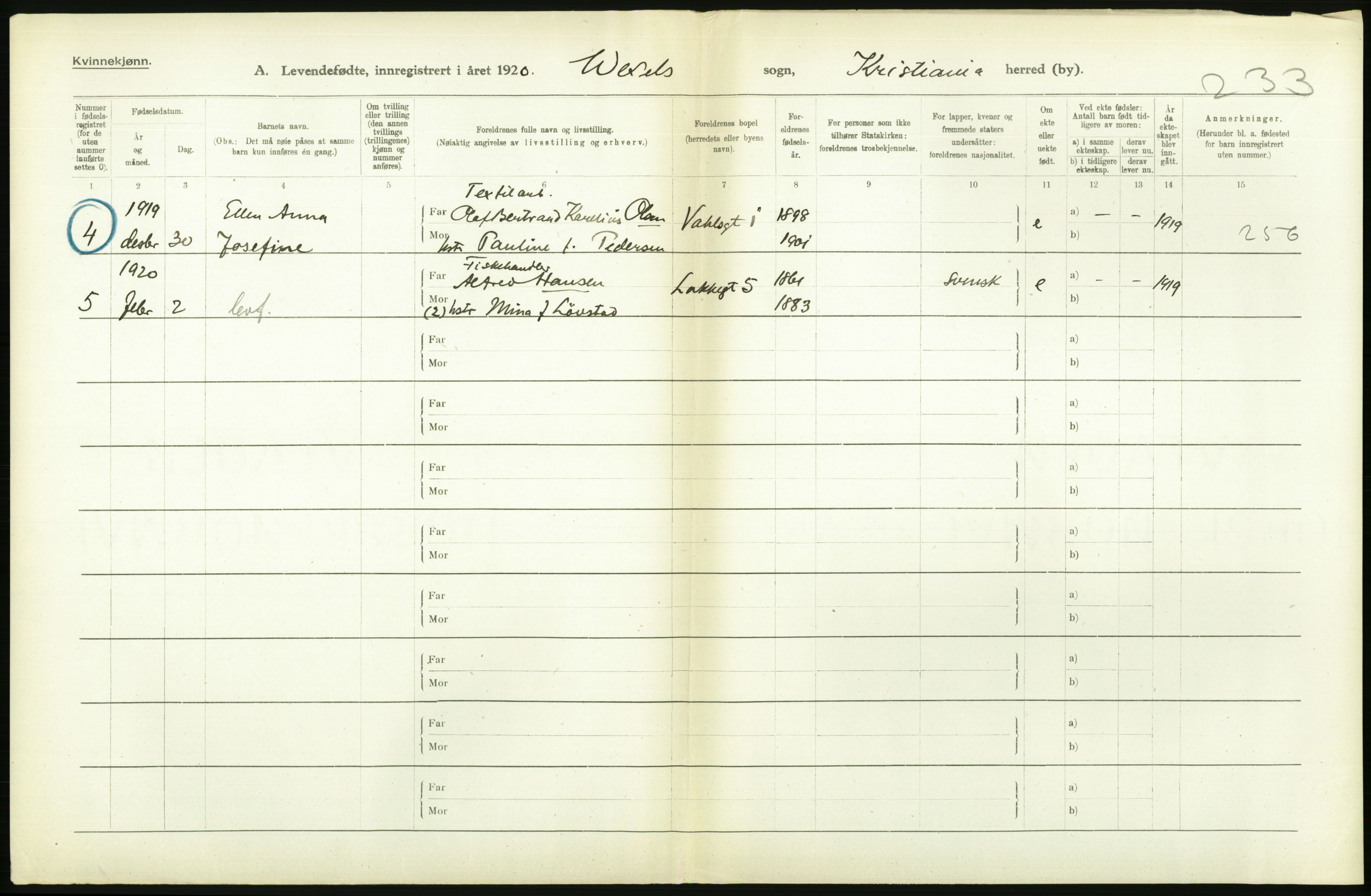 Statistisk sentralbyrå, Sosiodemografiske emner, Befolkning, AV/RA-S-2228/D/Df/Dfb/Dfbj/L0008: Kristiania: Levendefødte menn og kvinner., 1920, p. 304