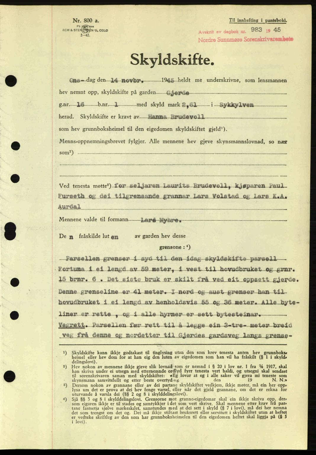 Nordre Sunnmøre sorenskriveri, AV/SAT-A-0006/1/2/2C/2Ca: Mortgage book no. A20a, 1945-1945, Diary no: : 983/1945