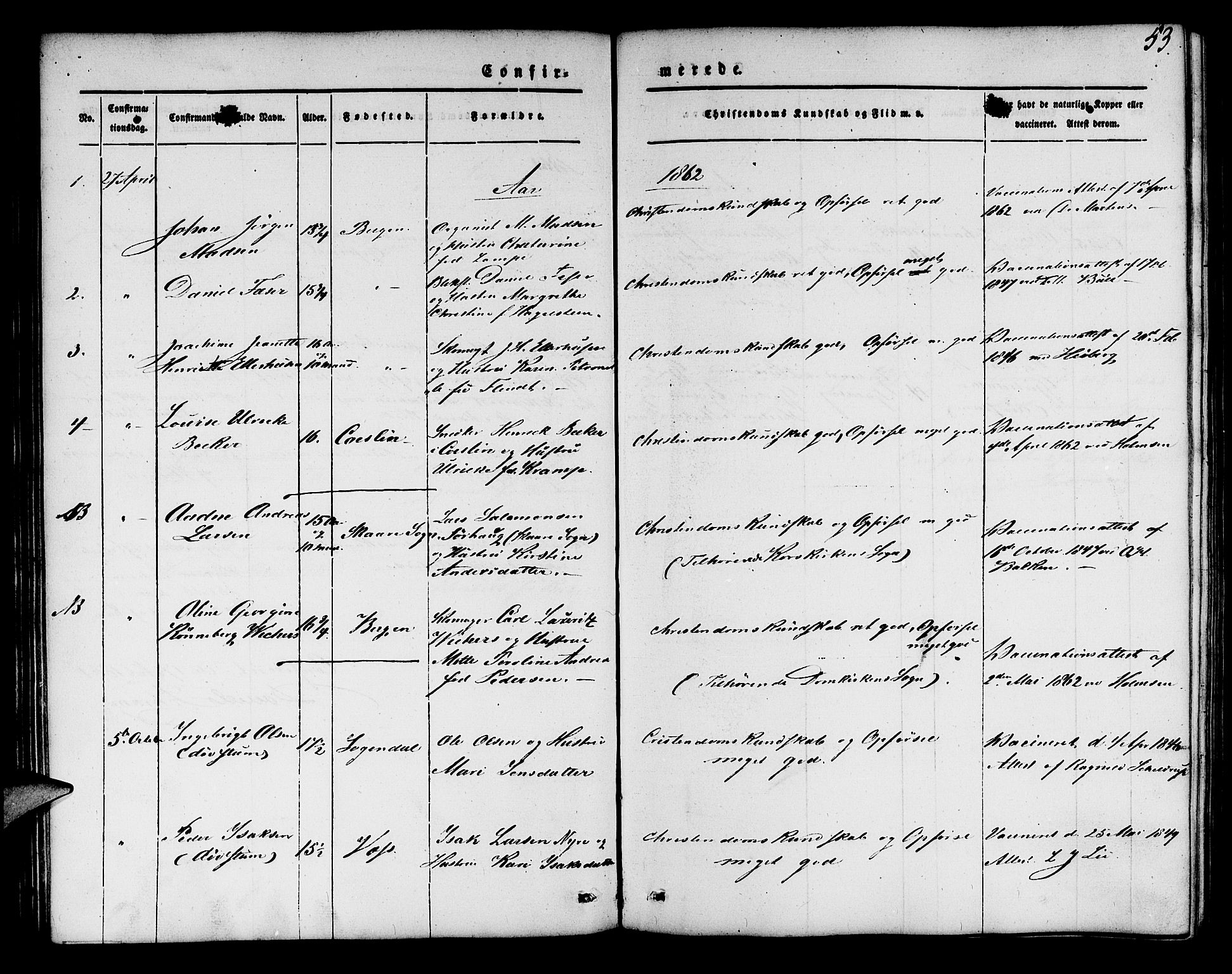 Mariakirken Sokneprestembete, SAB/A-76901/H/Hab/L0002: Parish register (copy) no. A 2, 1846-1862, p. 53