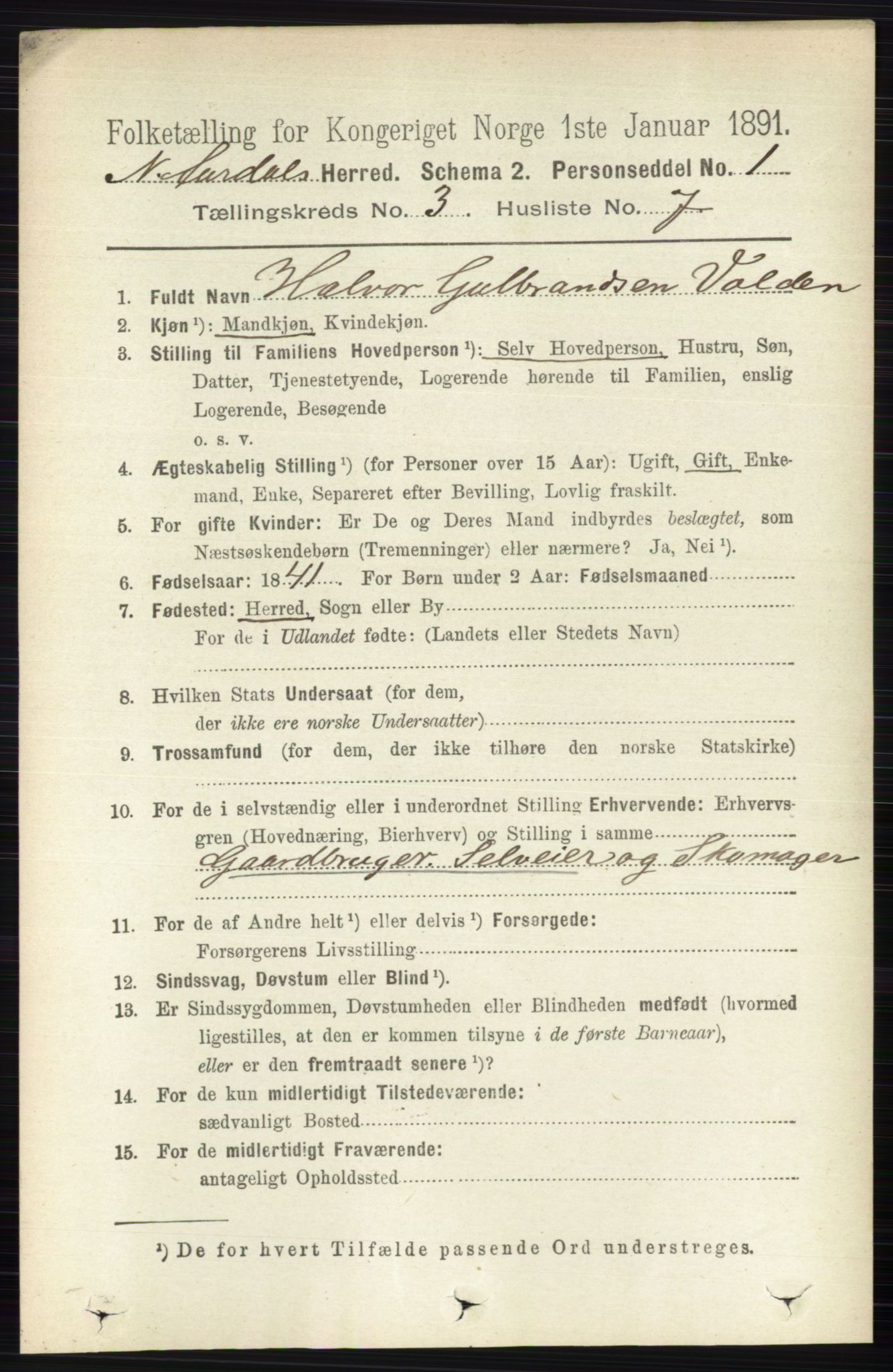 RA, 1891 census for 0542 Nord-Aurdal, 1891, p. 982