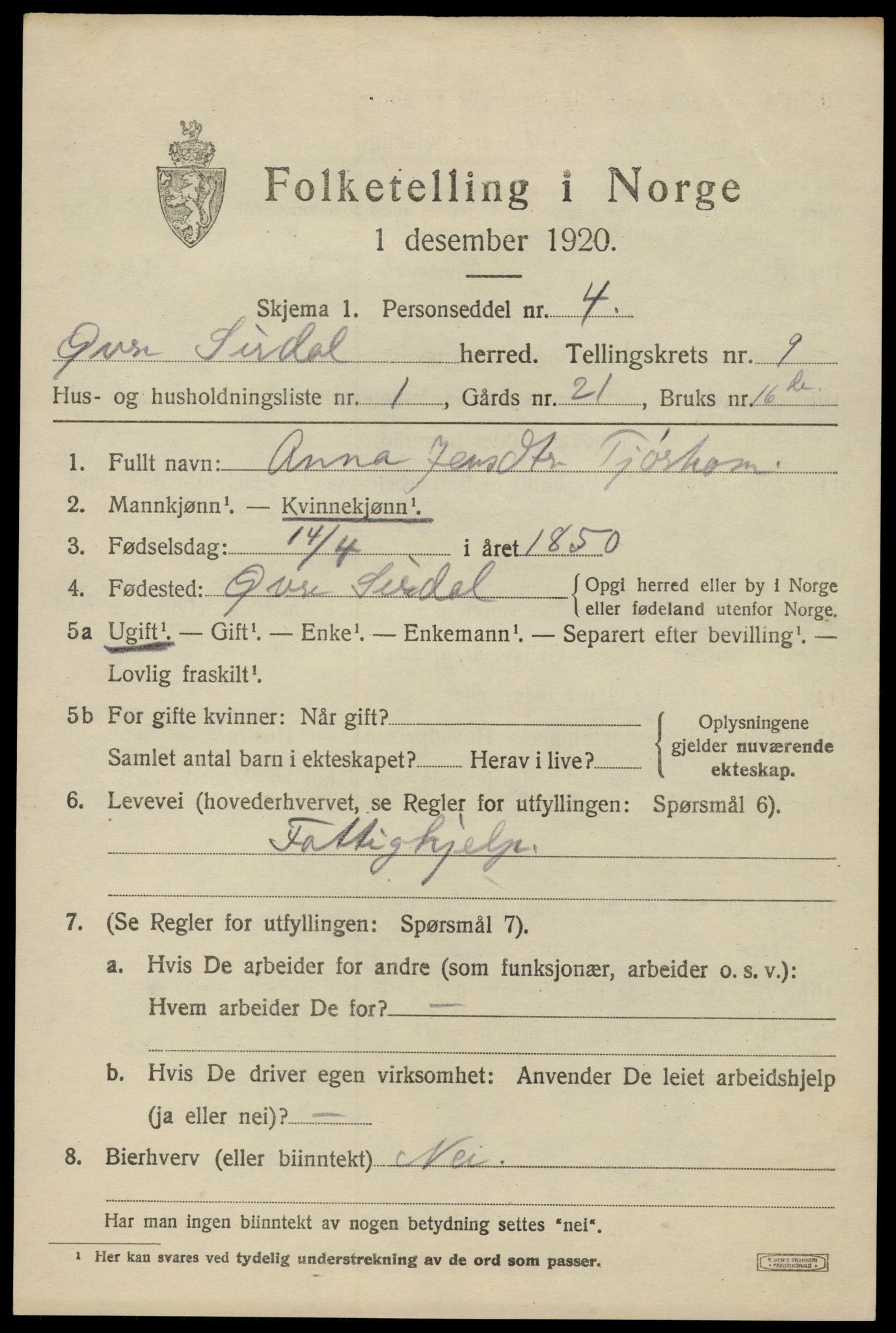 SAK, 1920 census for Øvre Sirdal, 1920, p. 1497