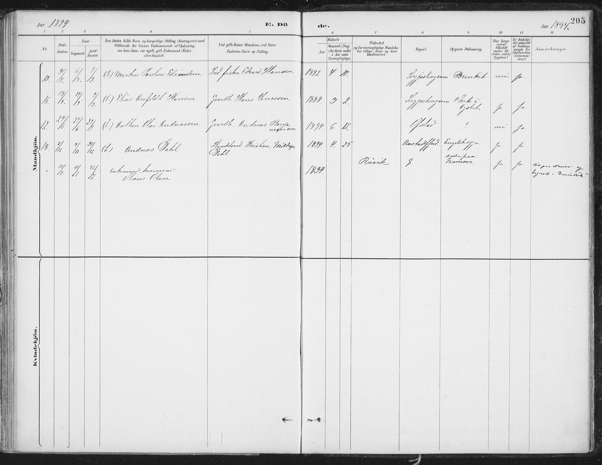 Ministerialprotokoller, klokkerbøker og fødselsregistre - Nord-Trøndelag, SAT/A-1458/786/L0687: Parish register (official) no. 786A03, 1888-1898, p. 205