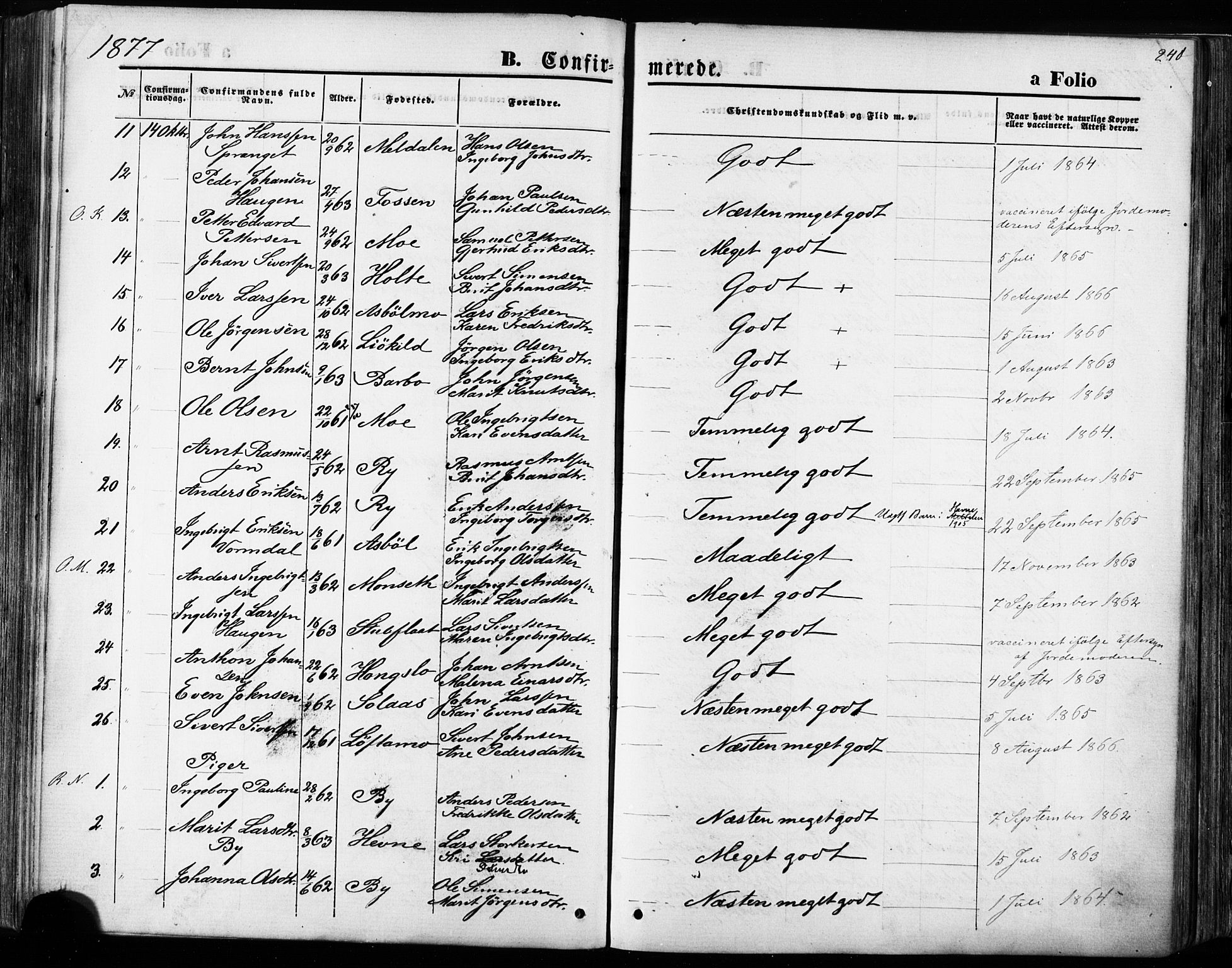 Ministerialprotokoller, klokkerbøker og fødselsregistre - Sør-Trøndelag, AV/SAT-A-1456/668/L0807: Parish register (official) no. 668A07, 1870-1880, p. 240