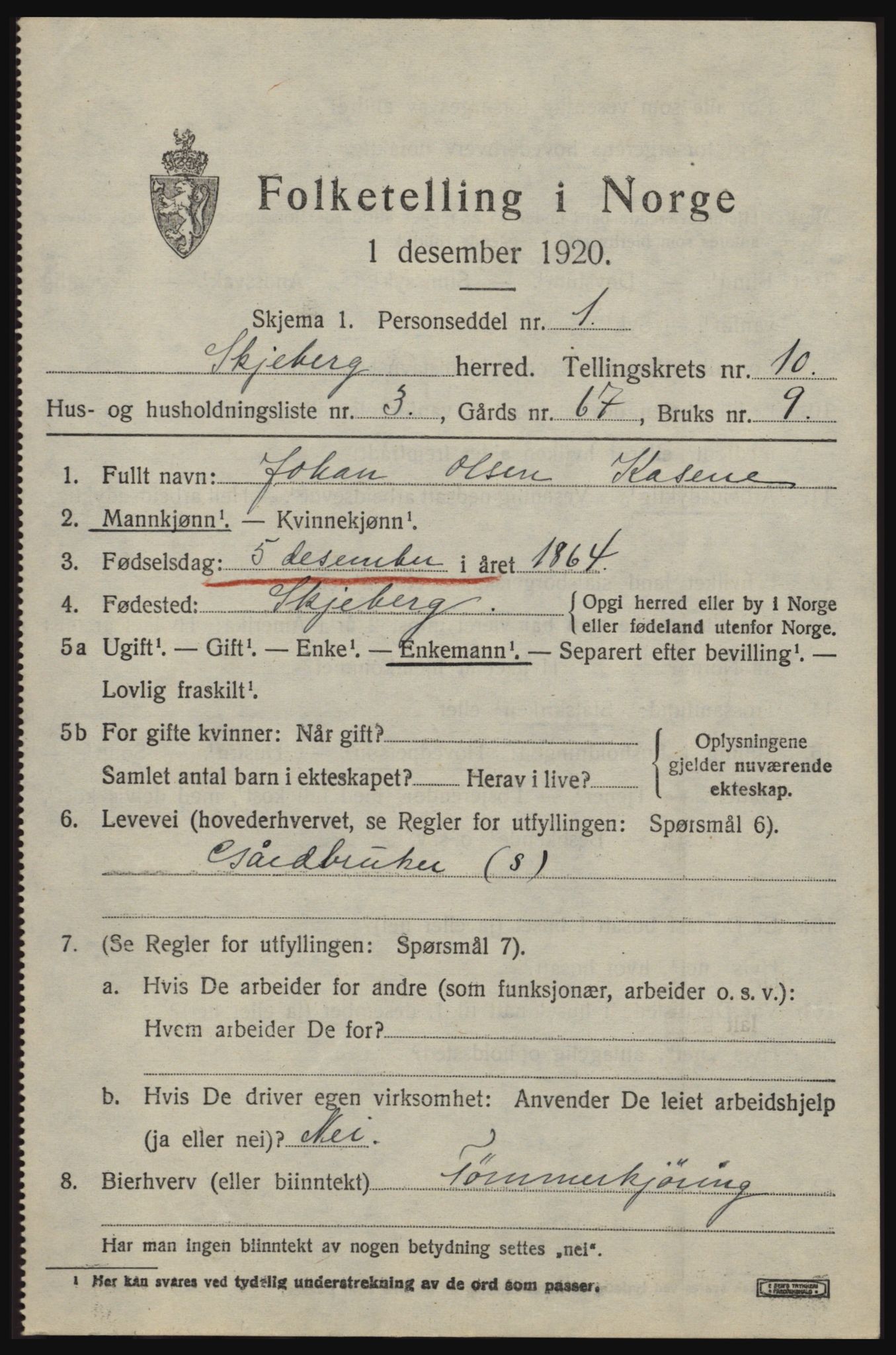 SAO, 1920 census for Skjeberg, 1920, p. 9093