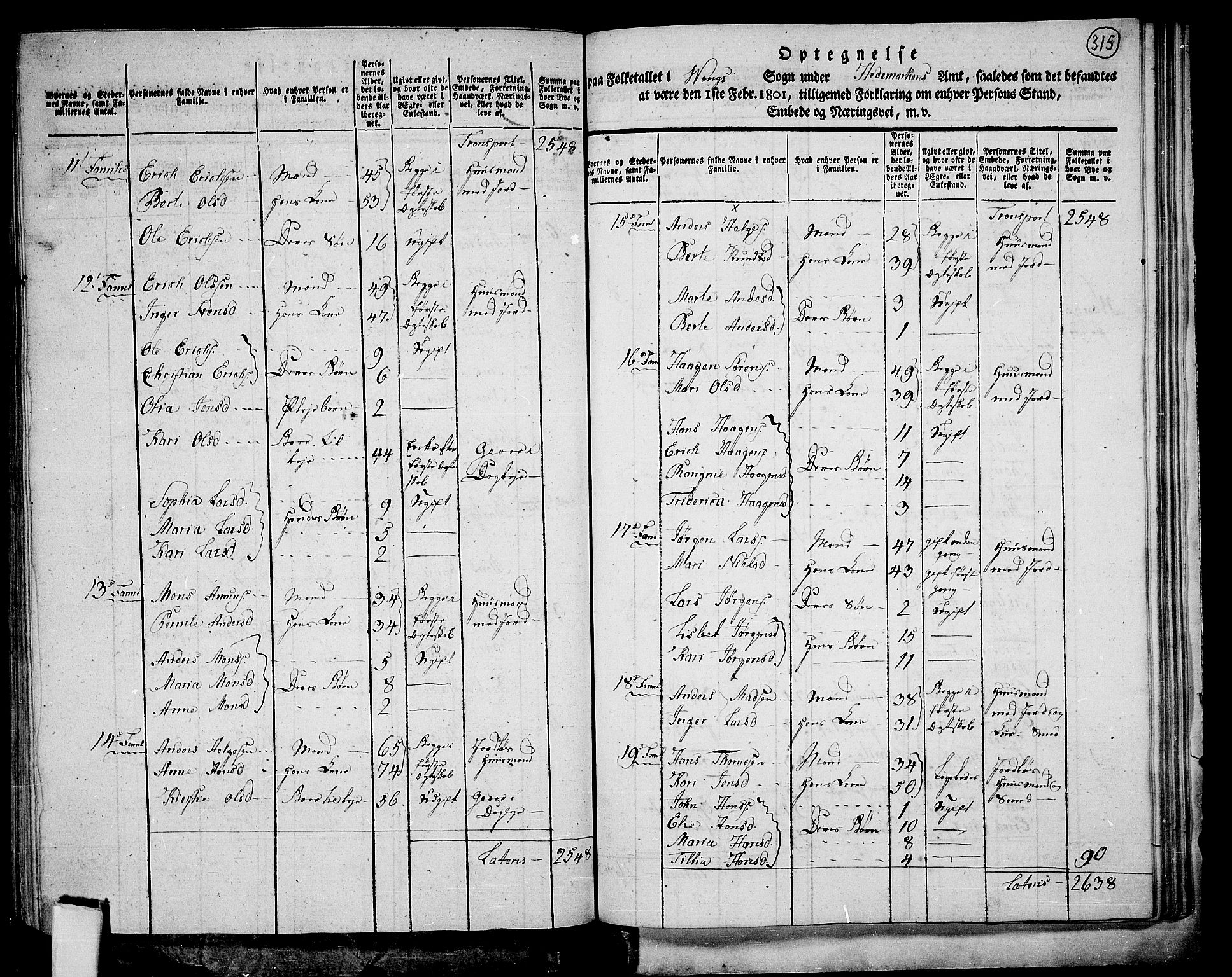 RA, 1801 census for 0414P Vang, 1801, p. 314b-315a