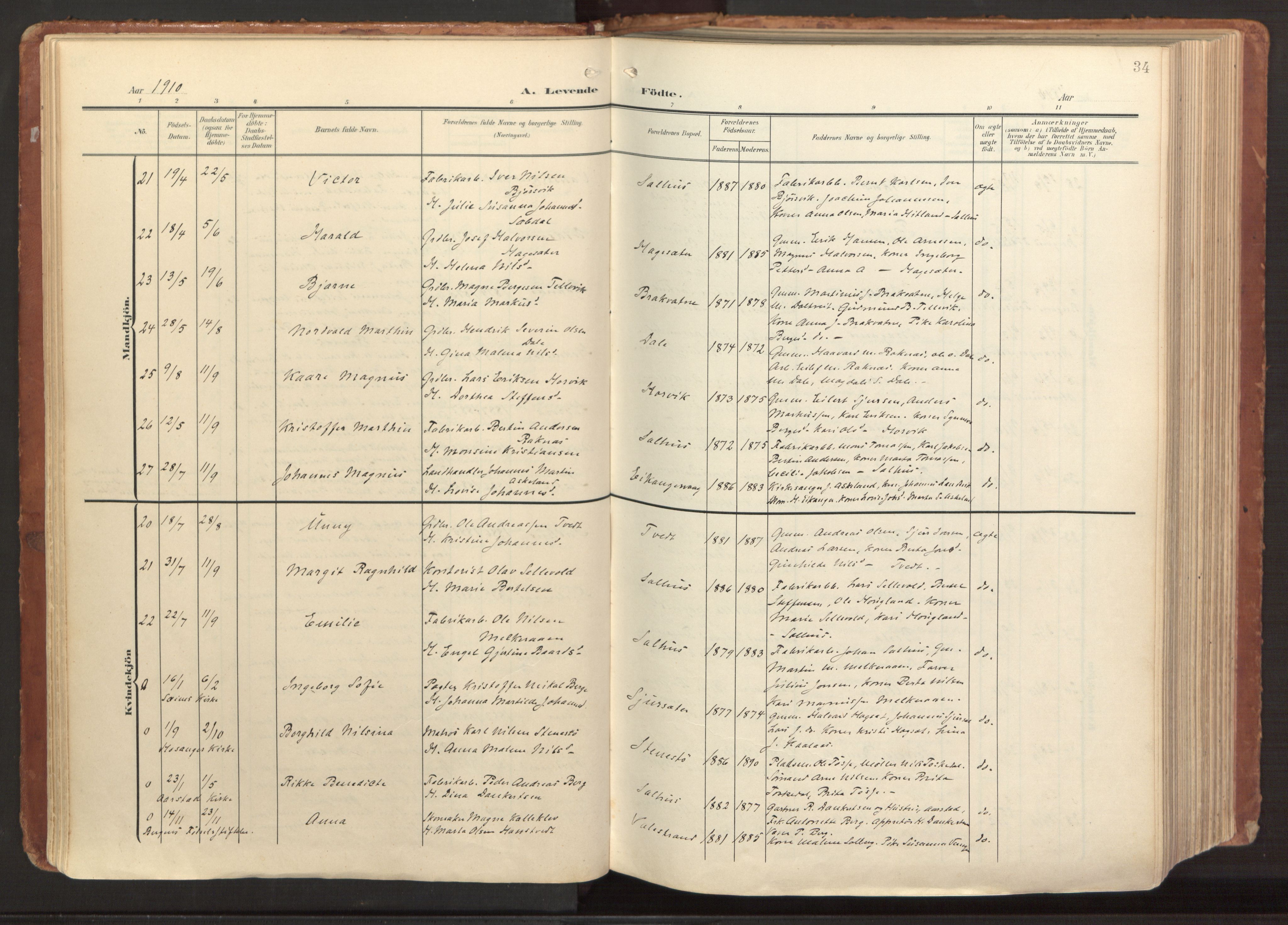 Hamre sokneprestembete, AV/SAB-A-75501/H/Ha/Haa/Haab/L0002: Parish register (official) no. B 2, 1905-1924, p. 34