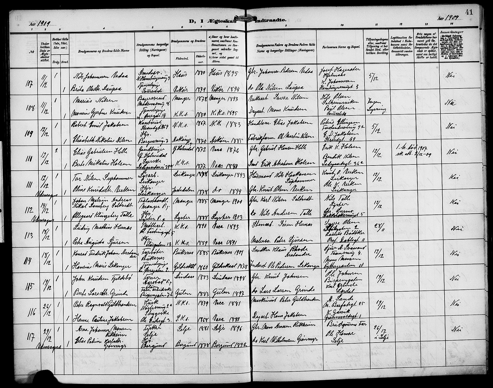 Korskirken sokneprestembete, AV/SAB-A-76101/H/Hab: Parish register (copy) no. D 4, 1906-1925, p. 41