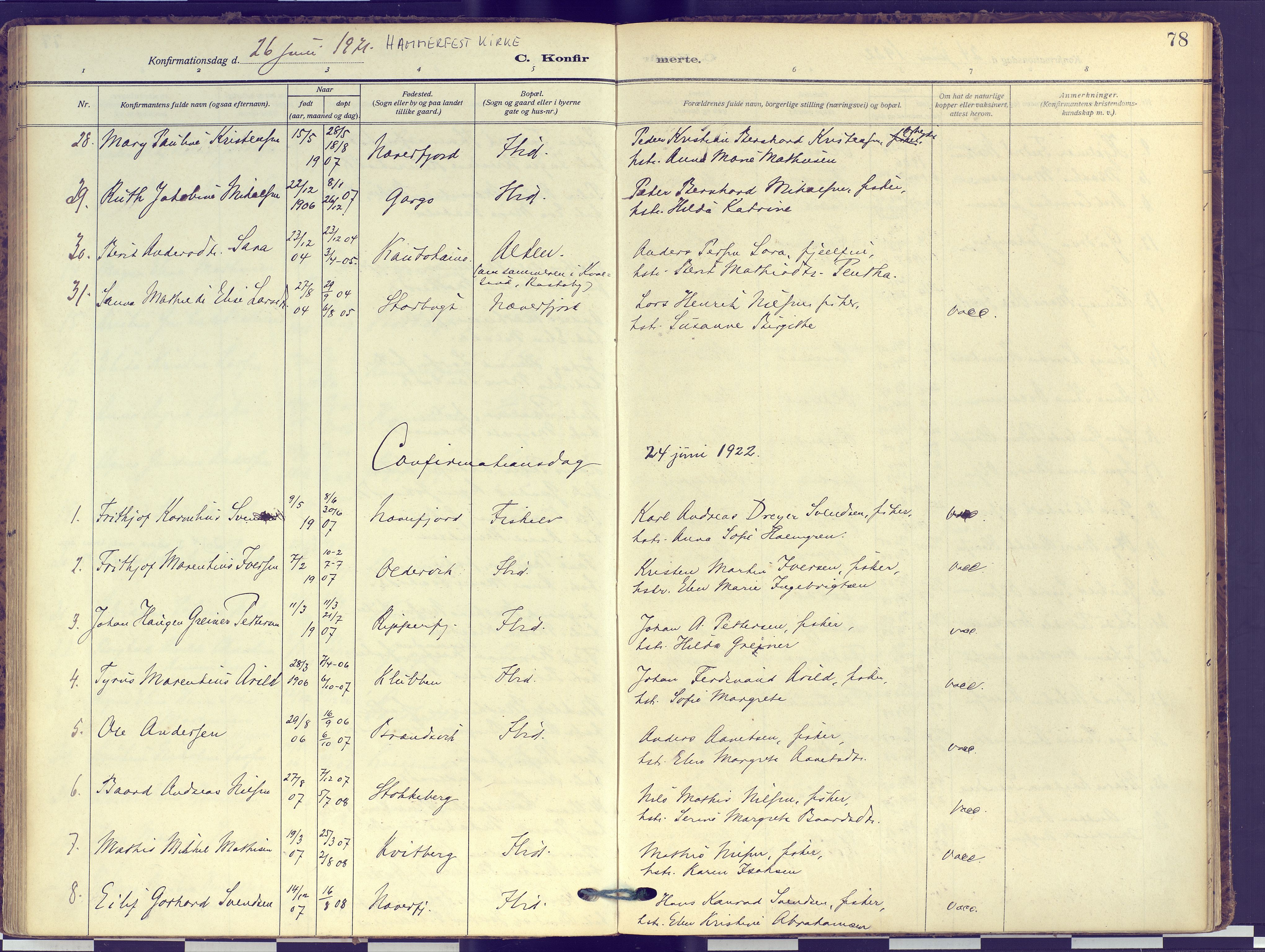 Hammerfest sokneprestkontor, AV/SATØ-S-1347/H/Ha/L0016.kirke: Parish register (official) no. 16, 1908-1923, p. 78