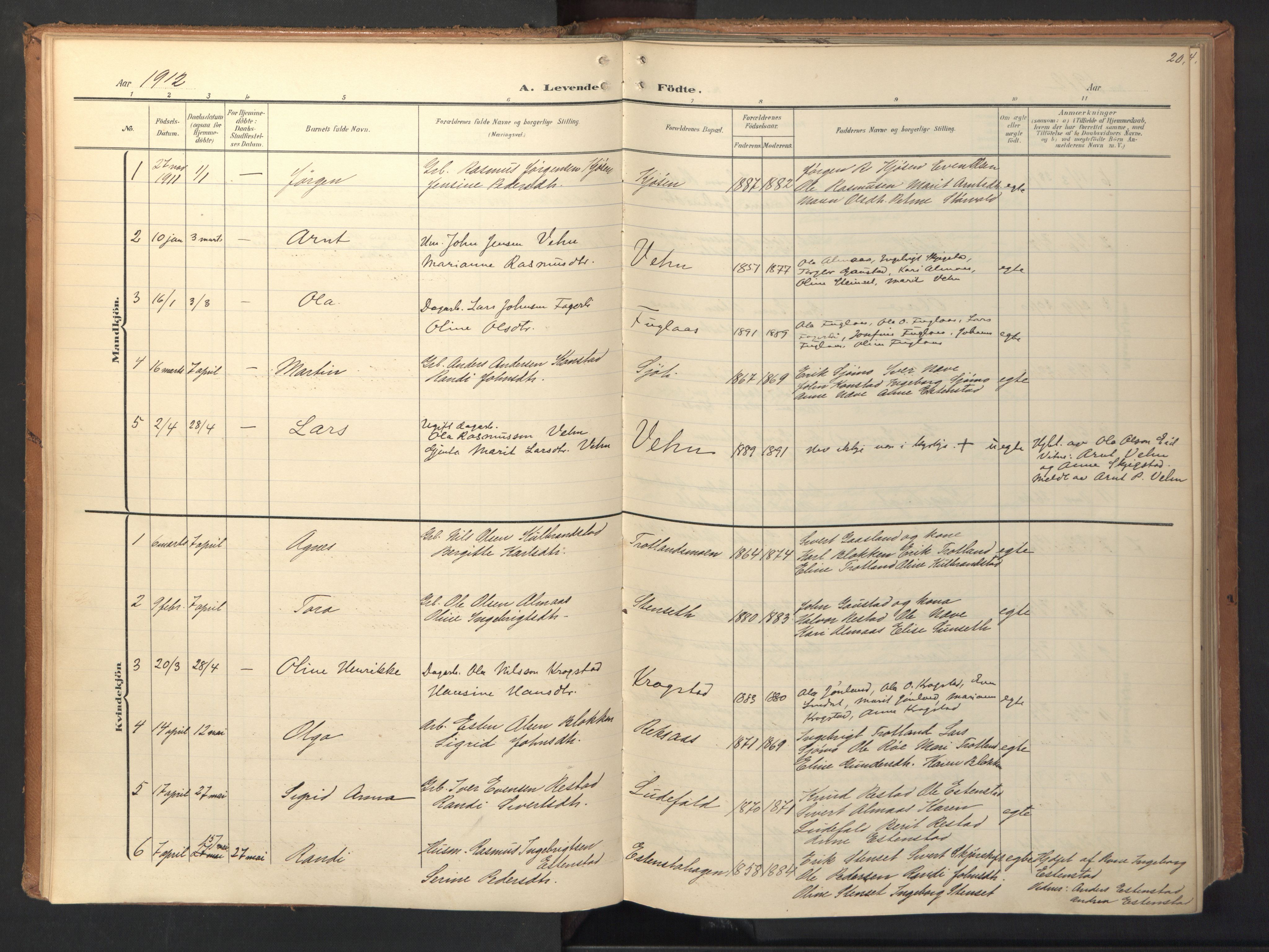 Ministerialprotokoller, klokkerbøker og fødselsregistre - Sør-Trøndelag, SAT/A-1456/694/L1128: Parish register (official) no. 694A02, 1906-1931, p. 20