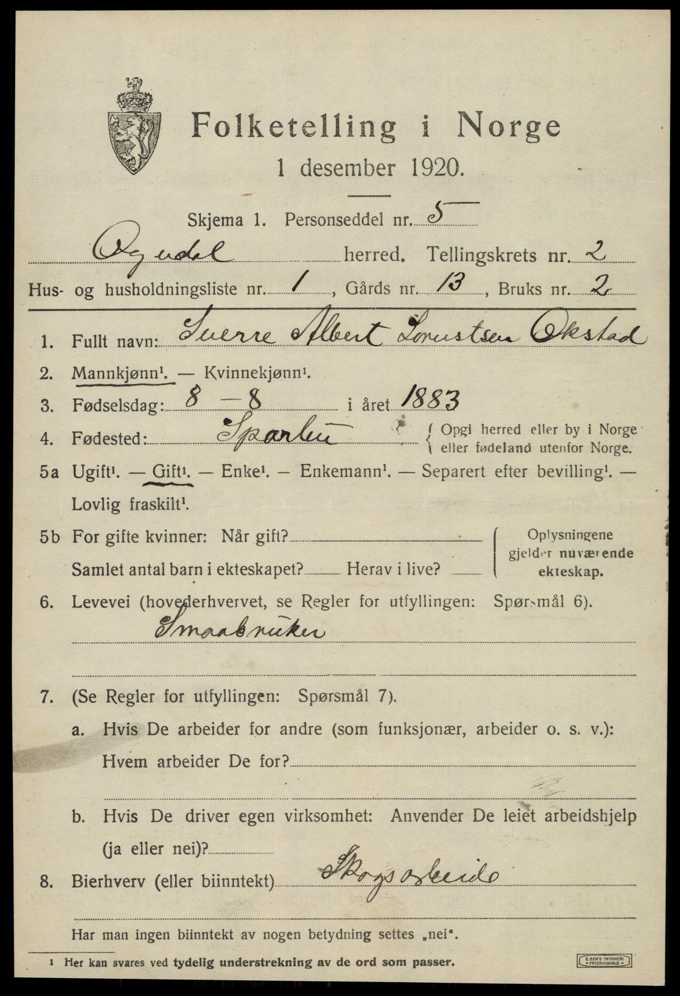 SAT, 1920 census for Ogndal, 1920, p. 711