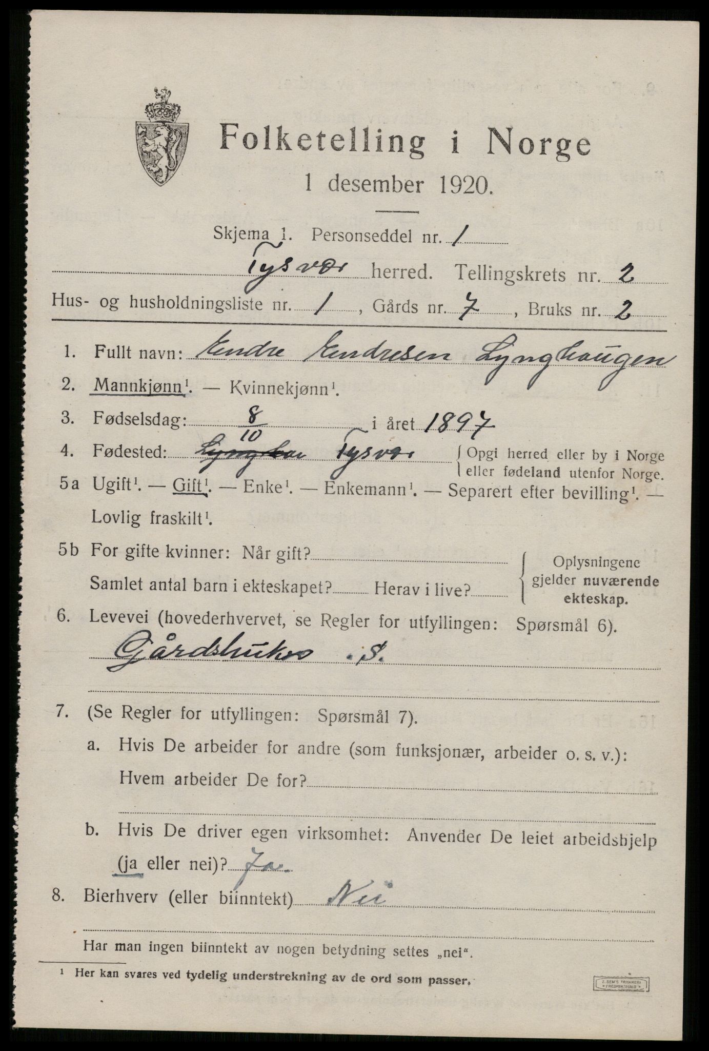 SAST, 1920 census for Tysvær, 1920, p. 1164