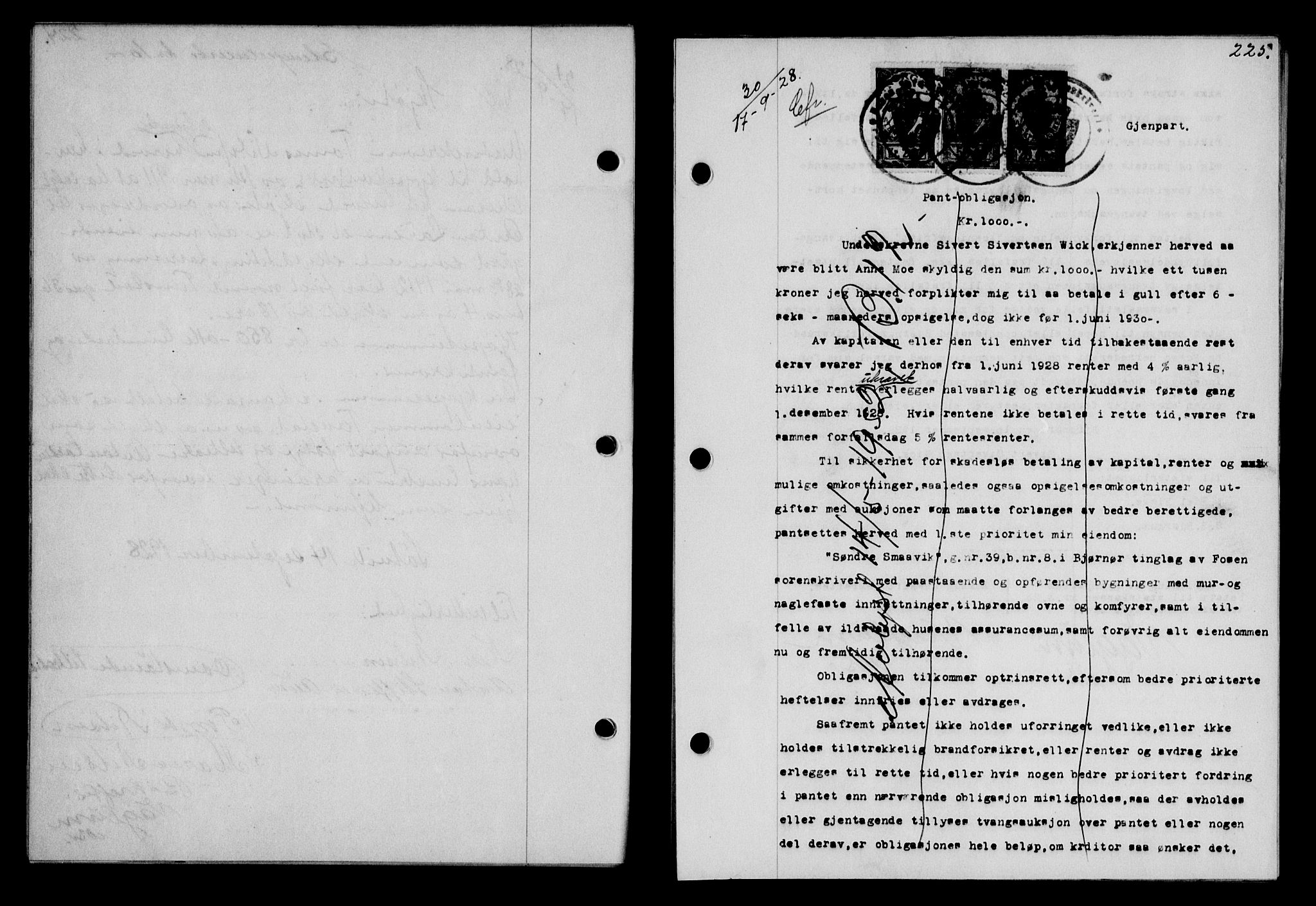Fosen sorenskriveri, AV/SAT-A-1107/1/2/2C/L0067: Mortgage book no. 58, 1928-1929, p. 225, Deed date: 17.09.1928