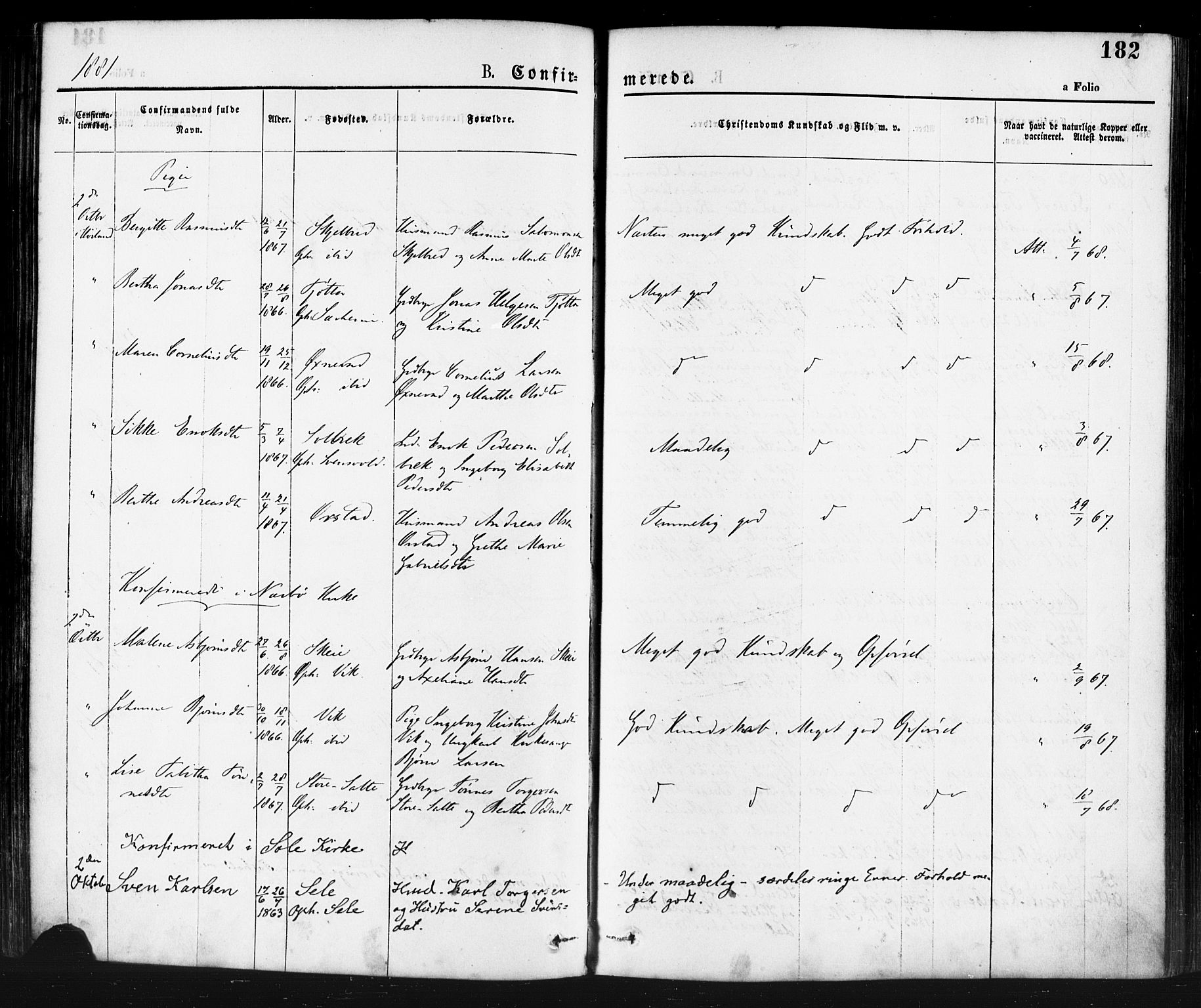 Klepp sokneprestkontor, AV/SAST-A-101803/001/3/30BA/L0006: Parish register (official) no. A 6, 1871-1885, p. 182