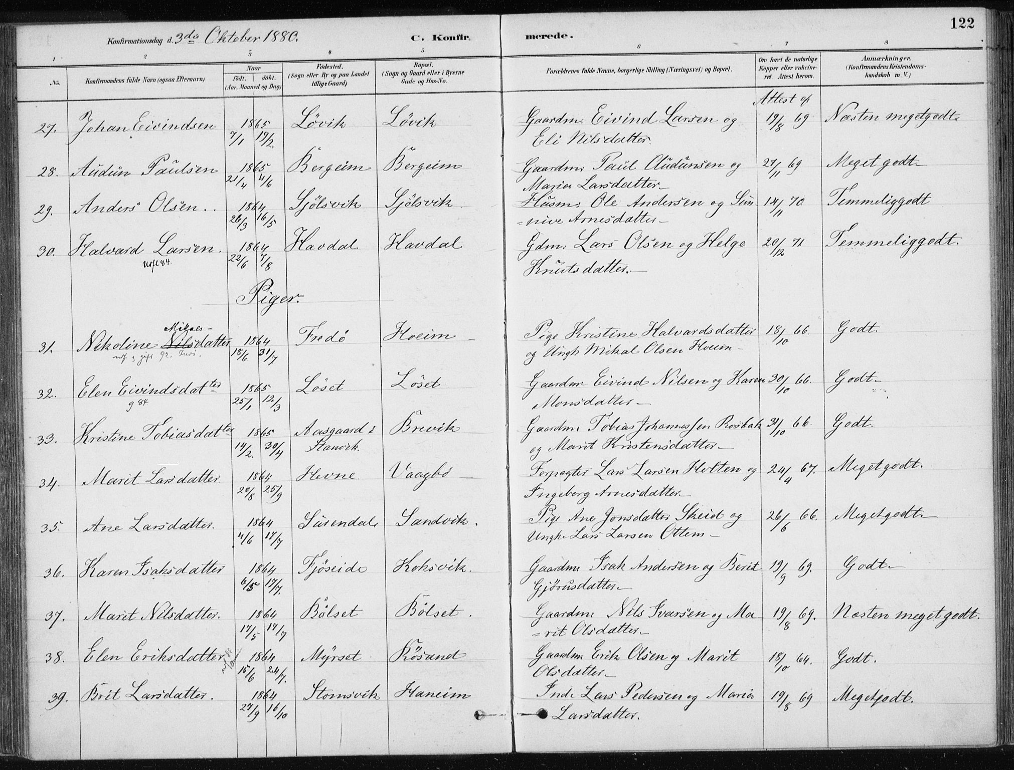 Ministerialprotokoller, klokkerbøker og fødselsregistre - Møre og Romsdal, AV/SAT-A-1454/586/L0987: Parish register (official) no. 586A13, 1879-1892, p. 122