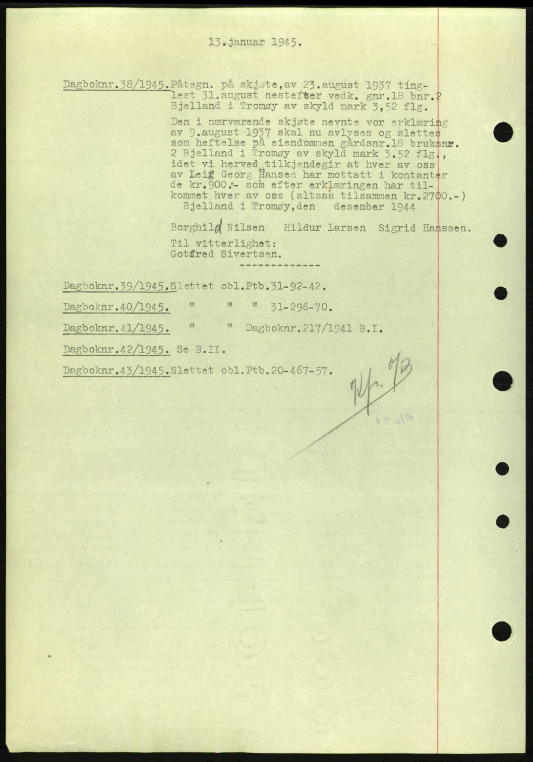 Nedenes sorenskriveri, SAK/1221-0006/G/Gb/Gba/L0052: Mortgage book no. A6a, 1944-1945, Diary no: : 38/1945