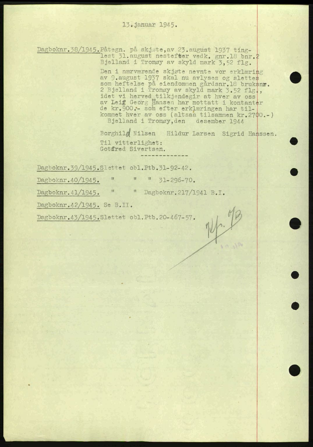 Nedenes sorenskriveri, AV/SAK-1221-0006/G/Gb/Gba/L0052: Mortgage book no. A6a, 1944-1945, Diary no: : 38/1945