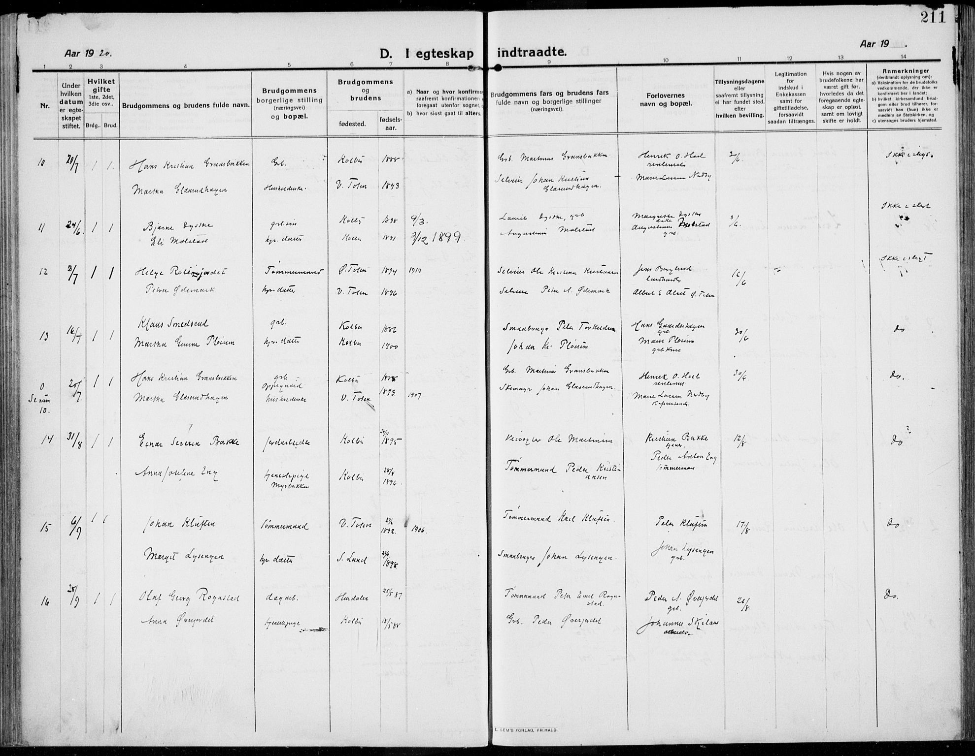 Kolbu prestekontor, SAH/PREST-110/H/Ha/Haa/L0002: Parish register (official) no. 2, 1912-1926, p. 211