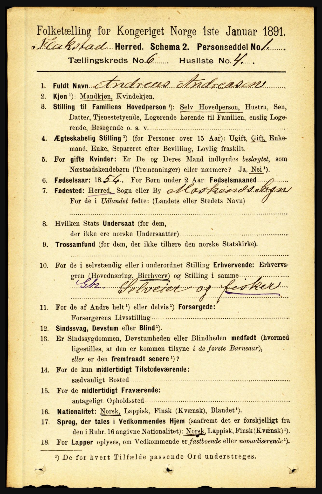 RA, 1891 census for 1859 Flakstad, 1891, p. 2962