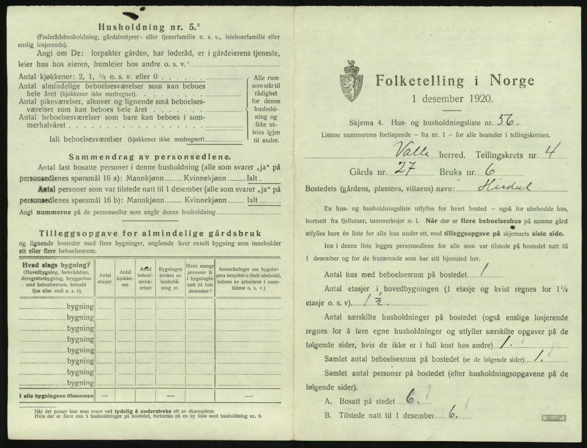 SAK, 1920 census for Valle, 1920, p. 431