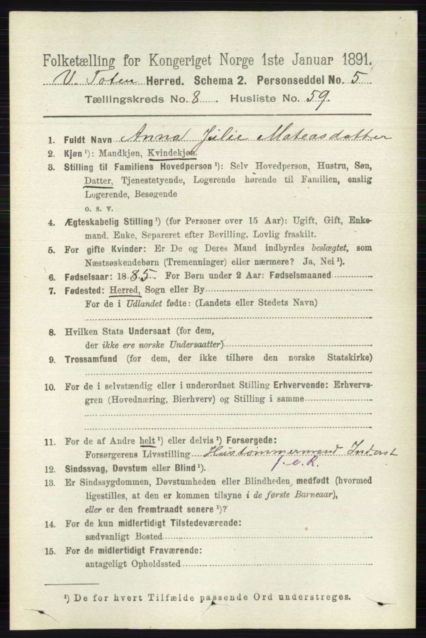 RA, 1891 census for 0529 Vestre Toten, 1891, p. 5345