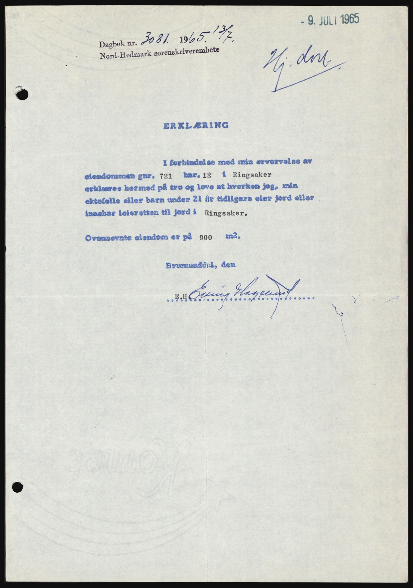 Nord-Hedmark sorenskriveri, SAH/TING-012/H/Hc/L0022: Mortgage book no. 22, 1965-1965, Diary no: : 3081/1965