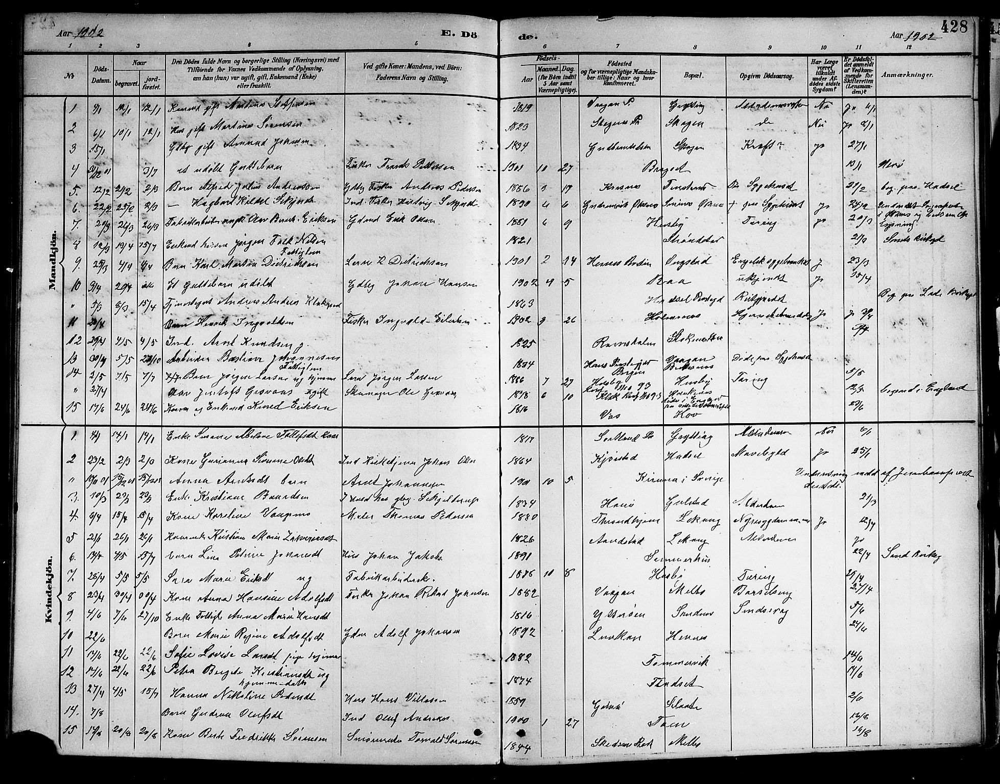 Ministerialprotokoller, klokkerbøker og fødselsregistre - Nordland, AV/SAT-A-1459/888/L1268: Parish register (copy) no. 888C06, 1891-1908, p. 428