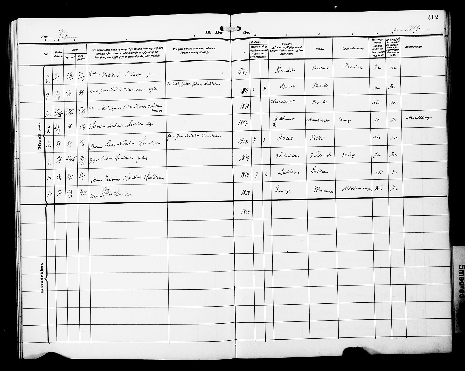 Skjervøy sokneprestkontor, SATØ/S-1300/H/Ha/Hab/L0022klokker: Parish register (copy) no. 22, 1910-1926, p. 212