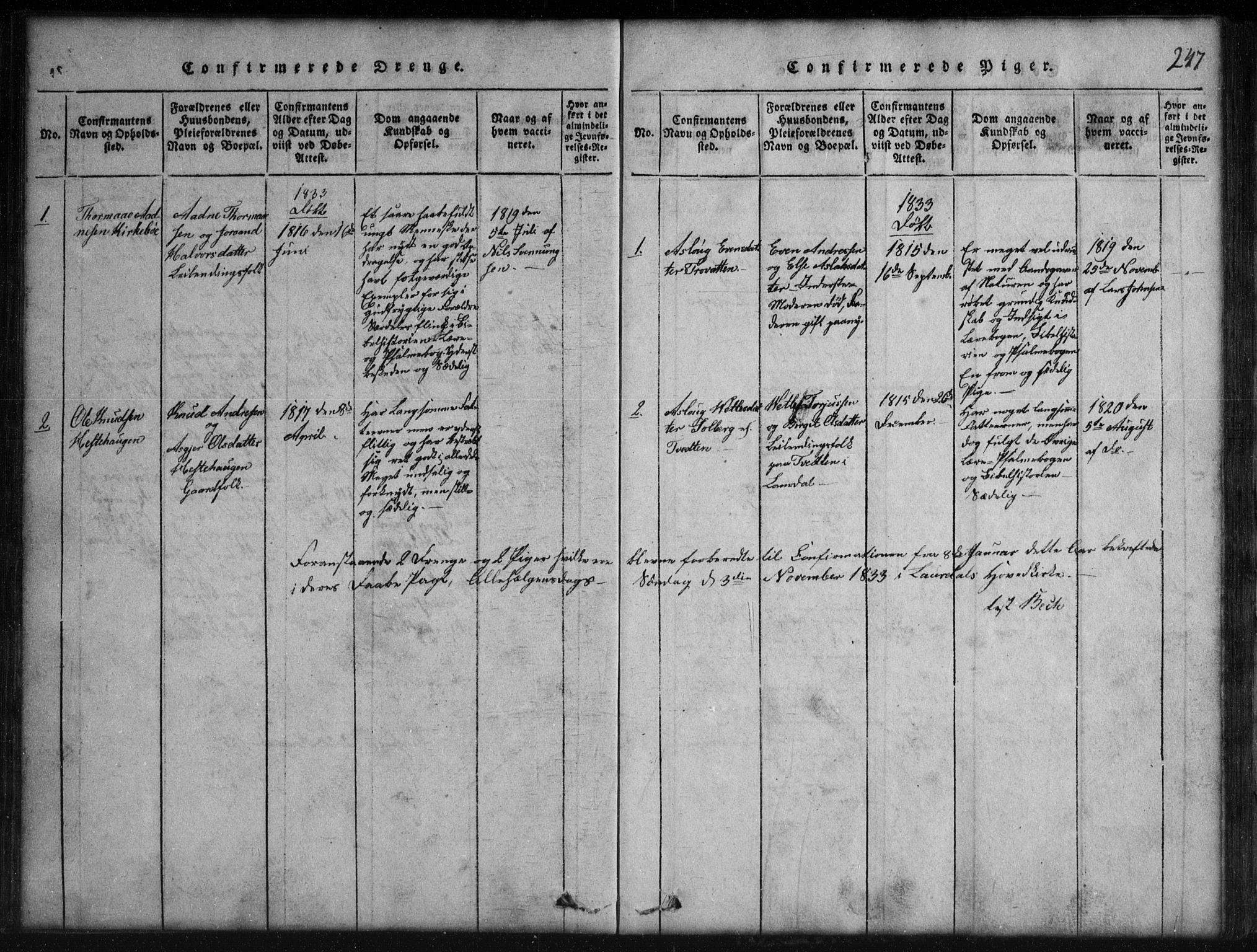 Rauland kirkebøker, SAKO/A-292/G/Gb/L0001: Parish register (copy) no. II 1, 1815-1886, p. 247