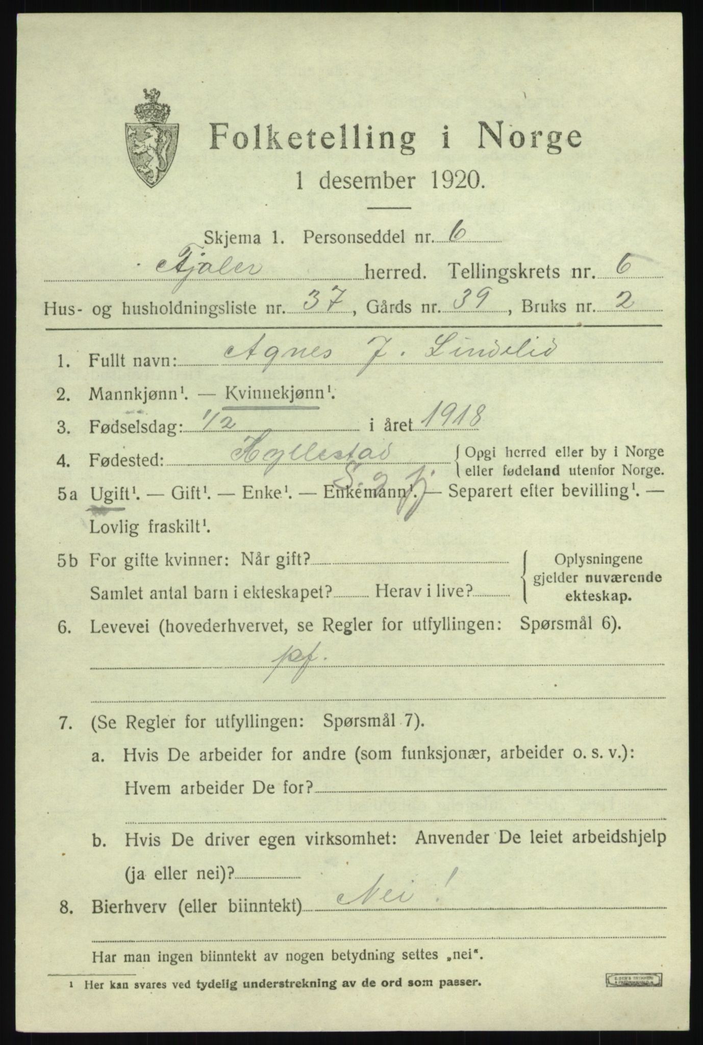 SAB, 1920 census for Fjaler, 1920, p. 4099