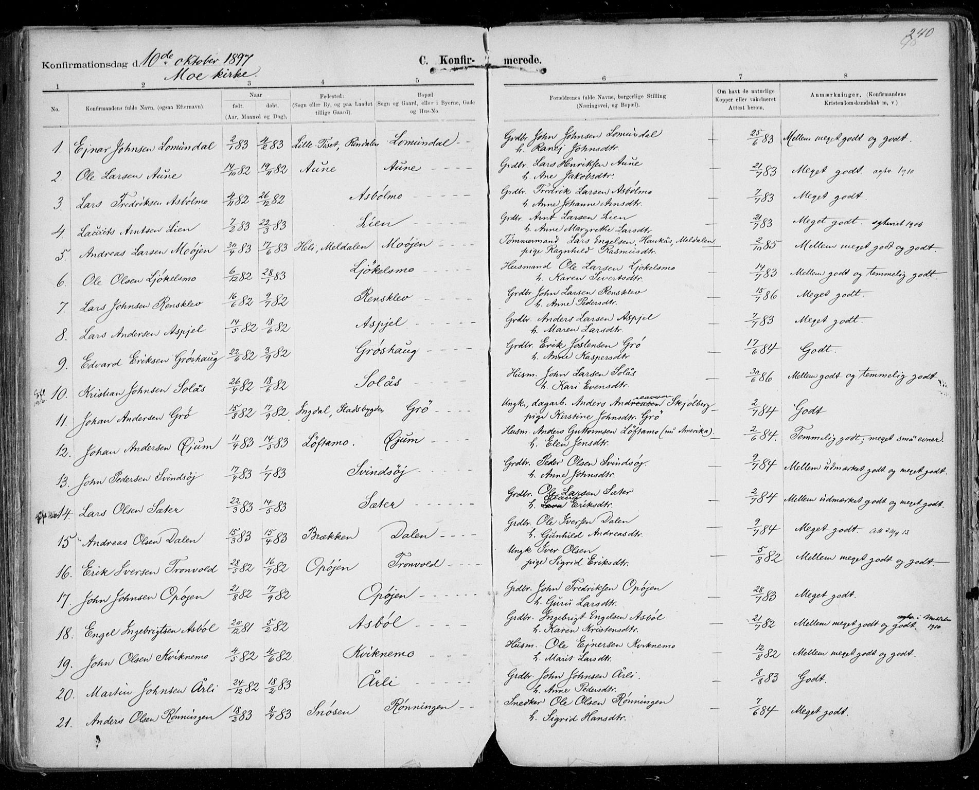 Ministerialprotokoller, klokkerbøker og fødselsregistre - Sør-Trøndelag, SAT/A-1456/668/L0811: Parish register (official) no. 668A11, 1894-1913, p. 240