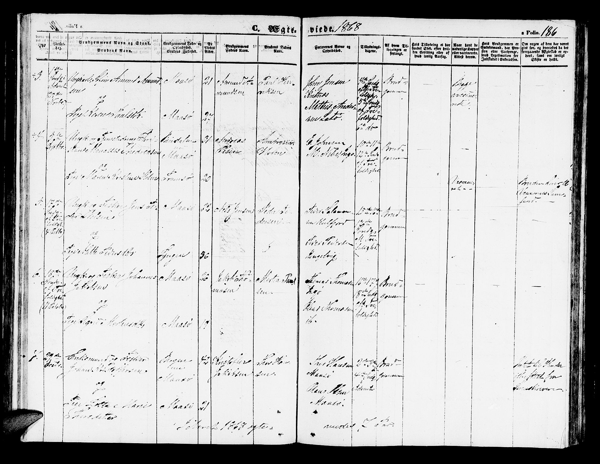 Måsøy sokneprestkontor, AV/SATØ-S-1348/H/Hb/L0001klokker: Parish register (copy) no. 1, 1852-1877, p. 186