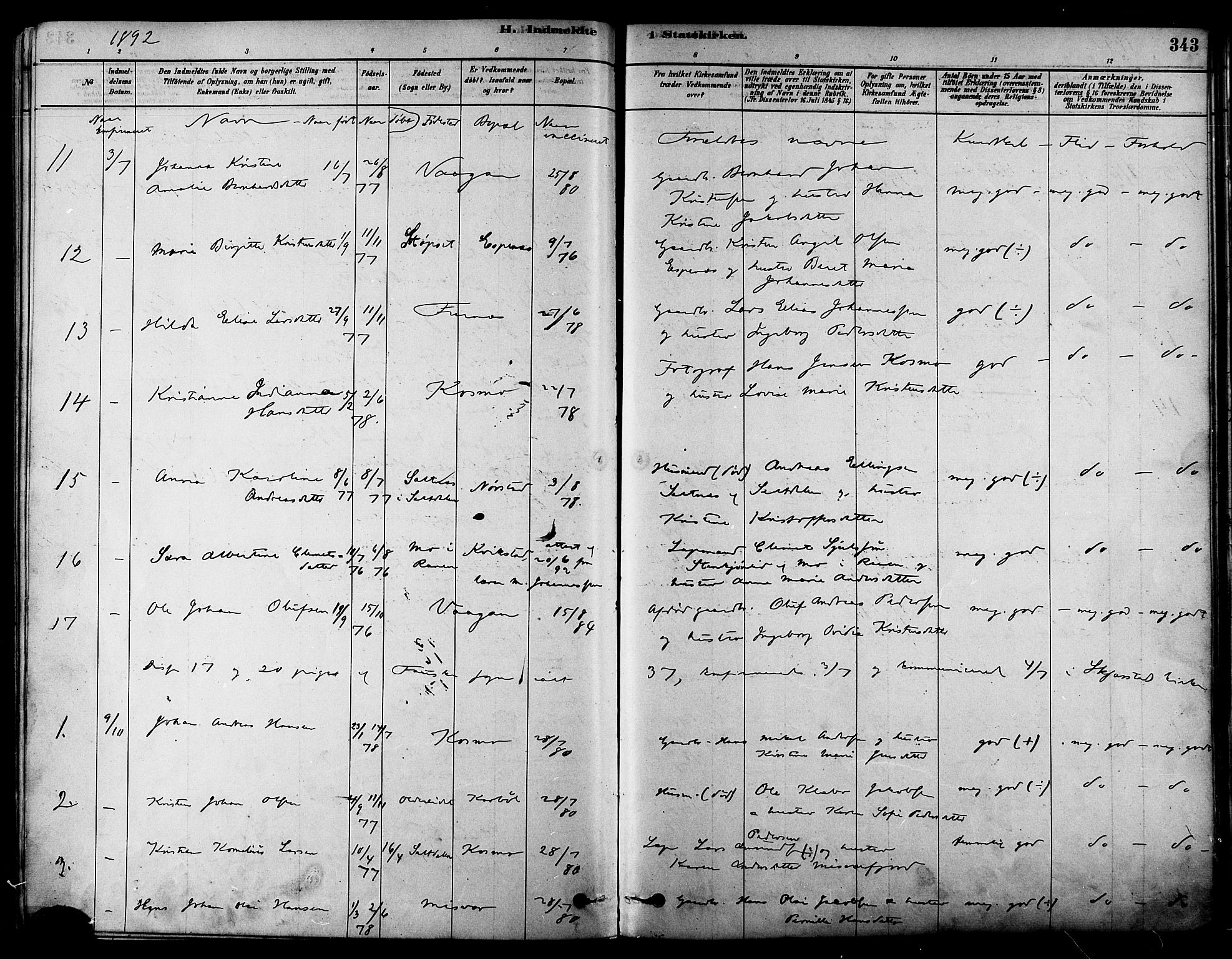 Ministerialprotokoller, klokkerbøker og fødselsregistre - Nordland, SAT/A-1459/852/L0740: Parish register (official) no. 852A10, 1878-1894, p. 343