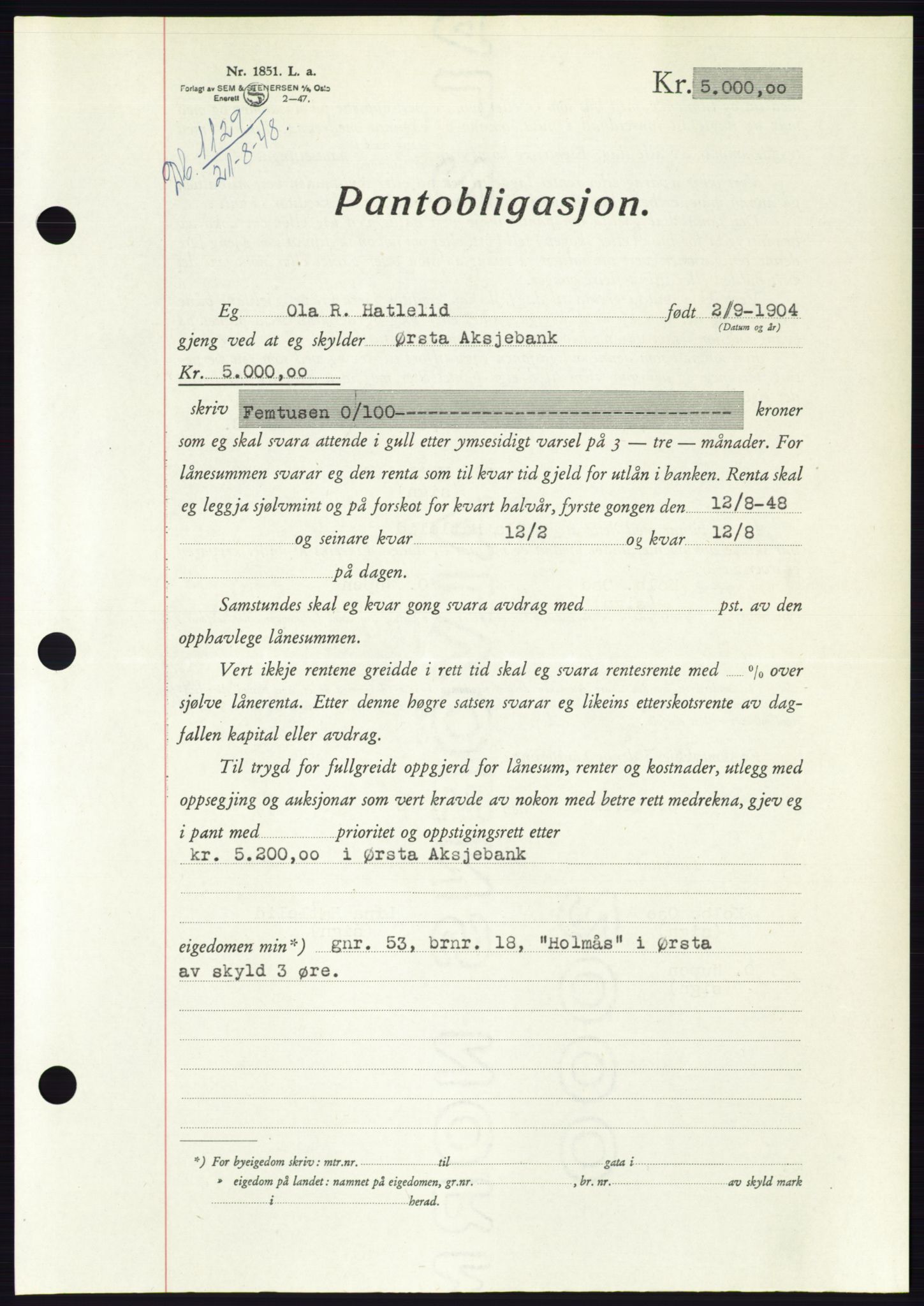 Søre Sunnmøre sorenskriveri, AV/SAT-A-4122/1/2/2C/L0116: Mortgage book no. 4B, 1948-1949, Diary no: : 1129/1948