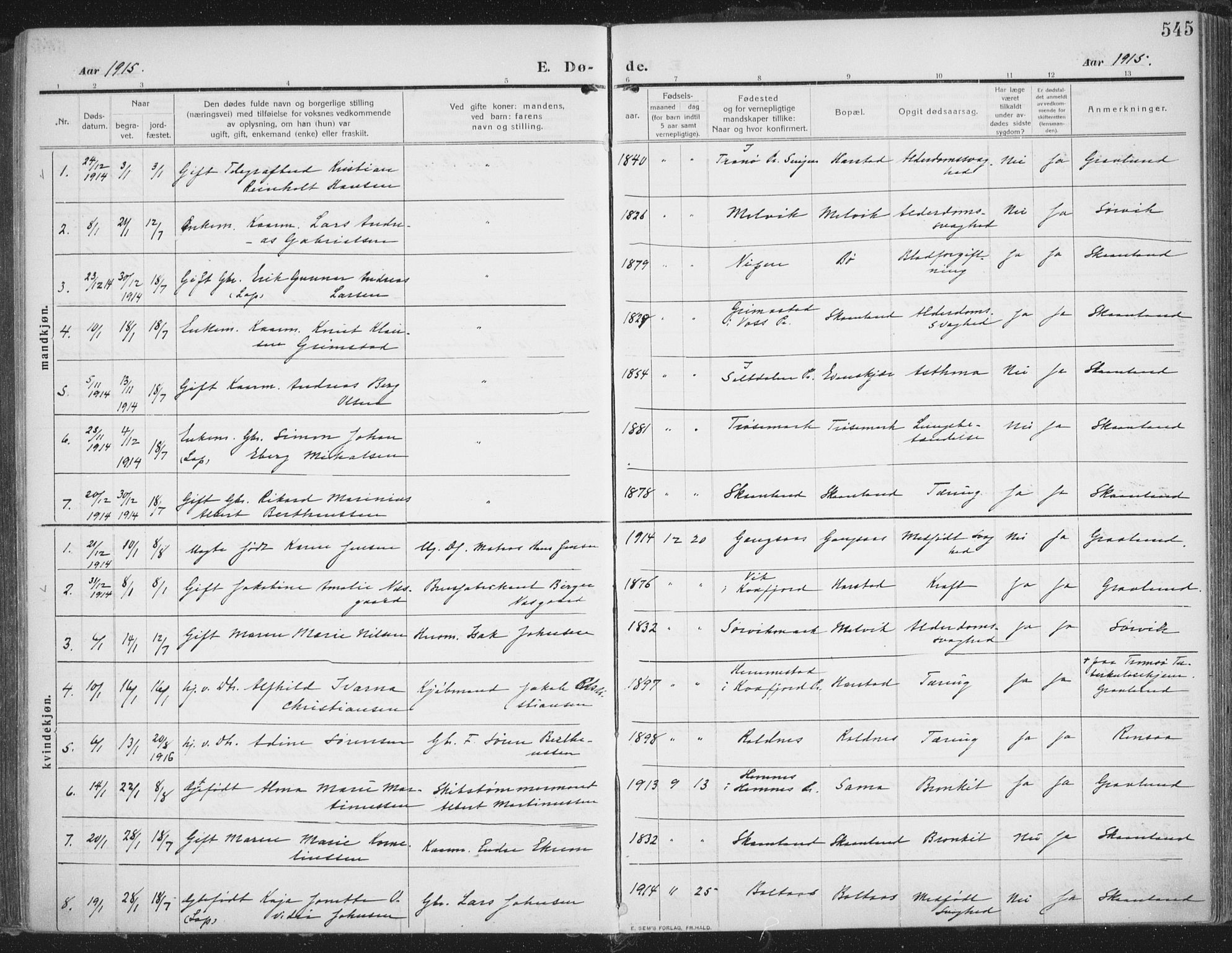 Trondenes sokneprestkontor, AV/SATØ-S-1319/H/Ha/L0018kirke: Parish register (official) no. 18, 1909-1918, p. 545