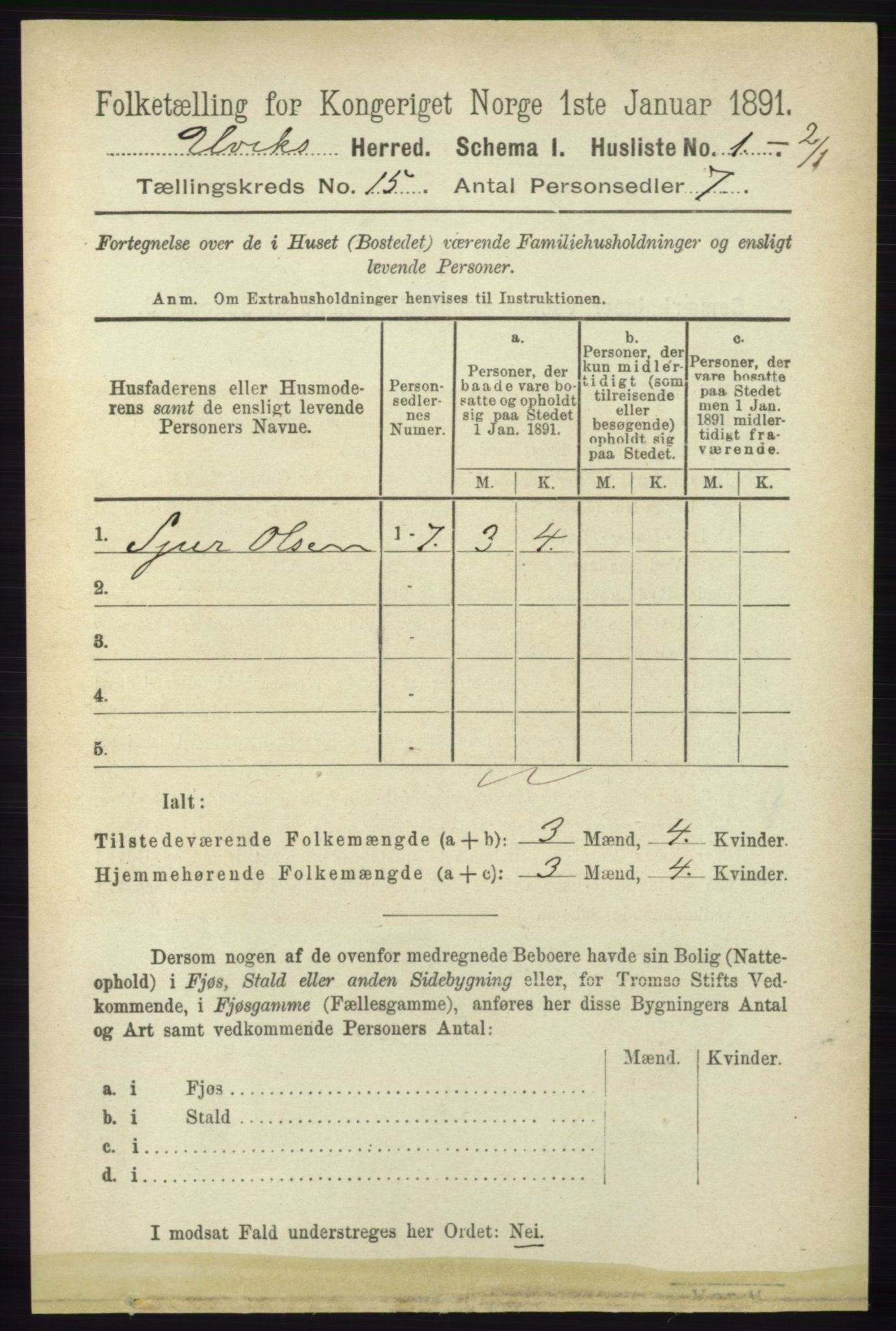 RA, 1891 census for 1233 Ulvik, 1891, p. 4580