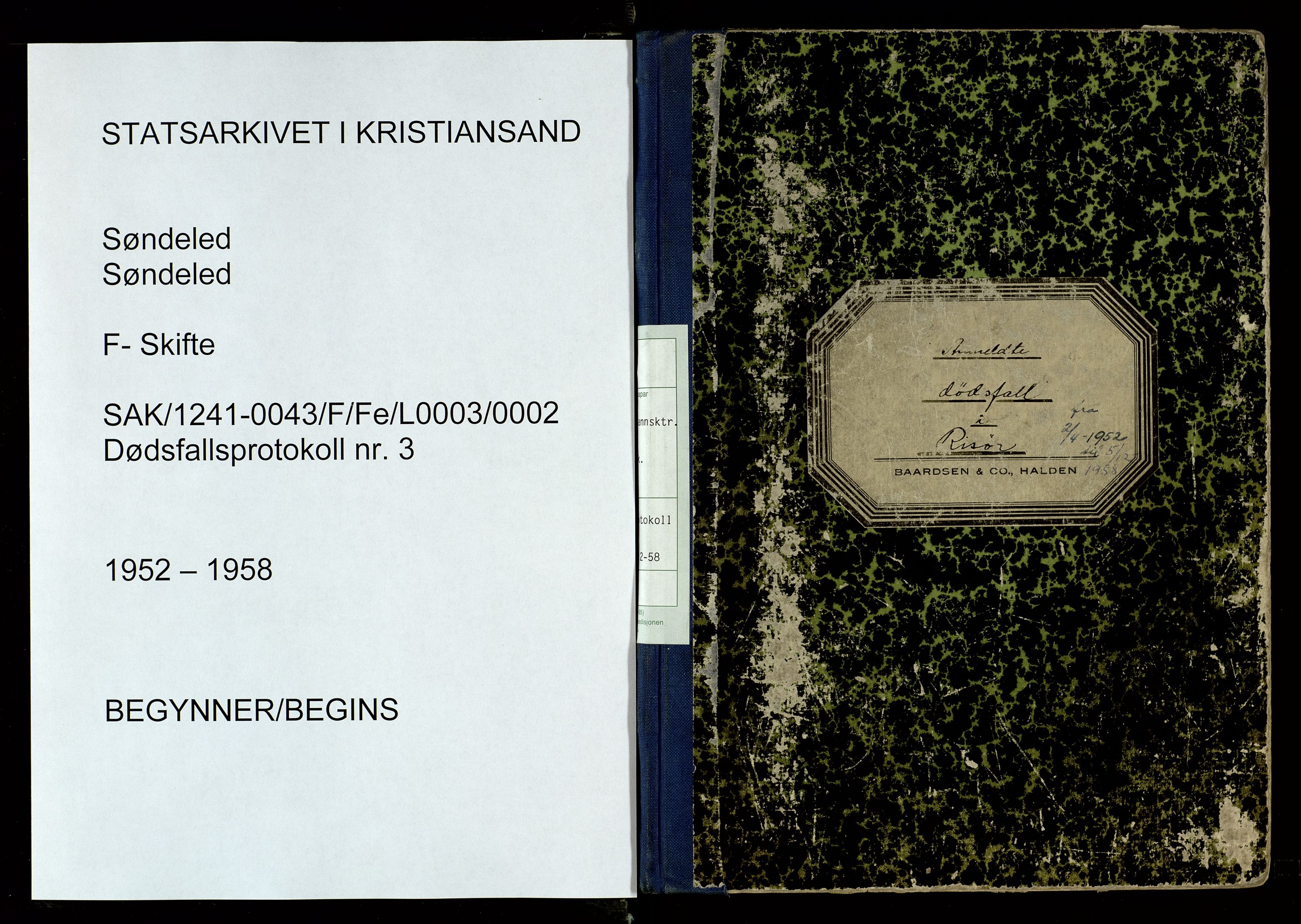 Søndeled lensmannskontor, AV/SAK-1241-0043/F/Fe/L0003/0002: Dødsfallsprotokoller / Dødsfallsprotokoll Risør med register, 1952-1958
