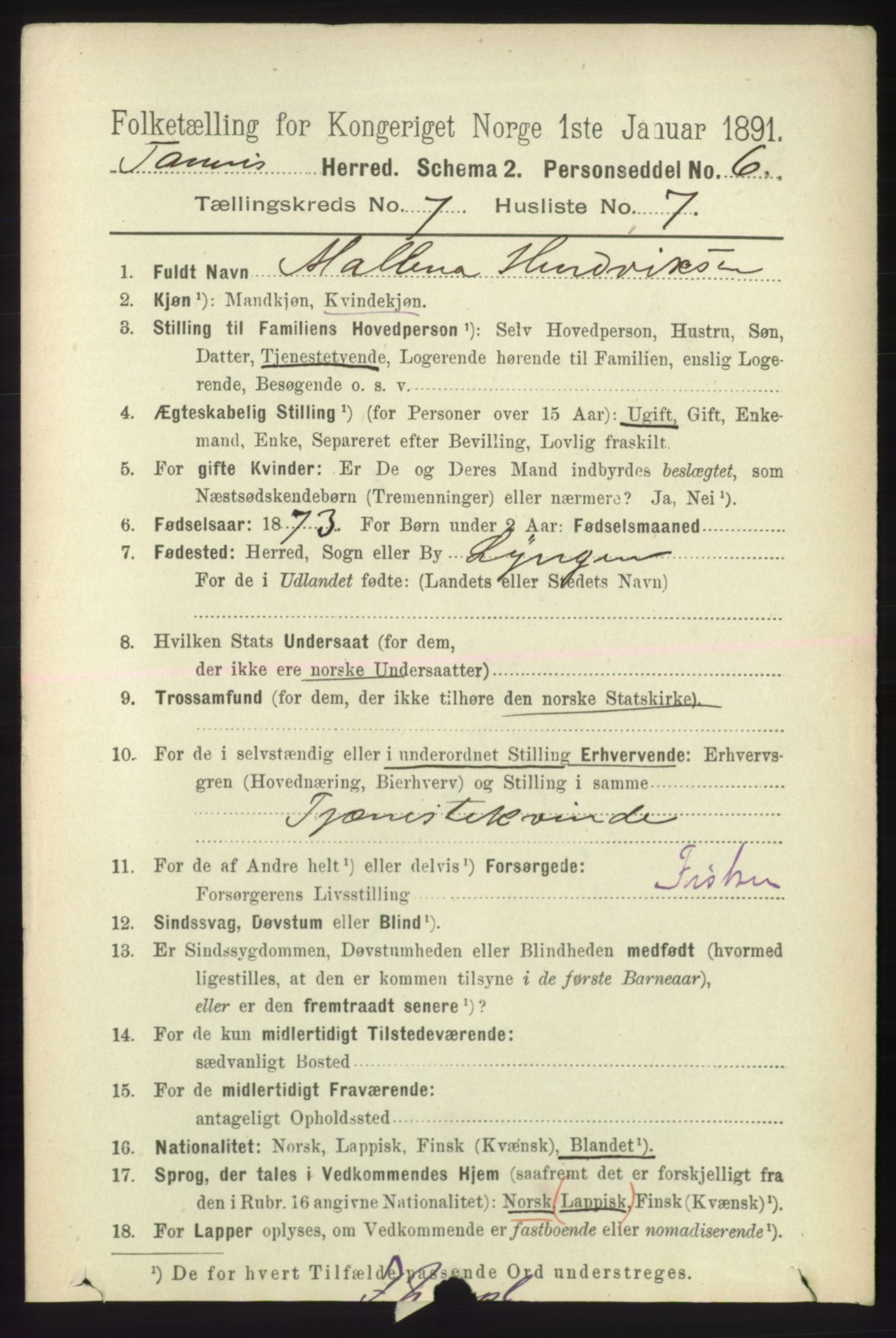 RA, 1891 census for 2025 Tana, 1891, p. 3126