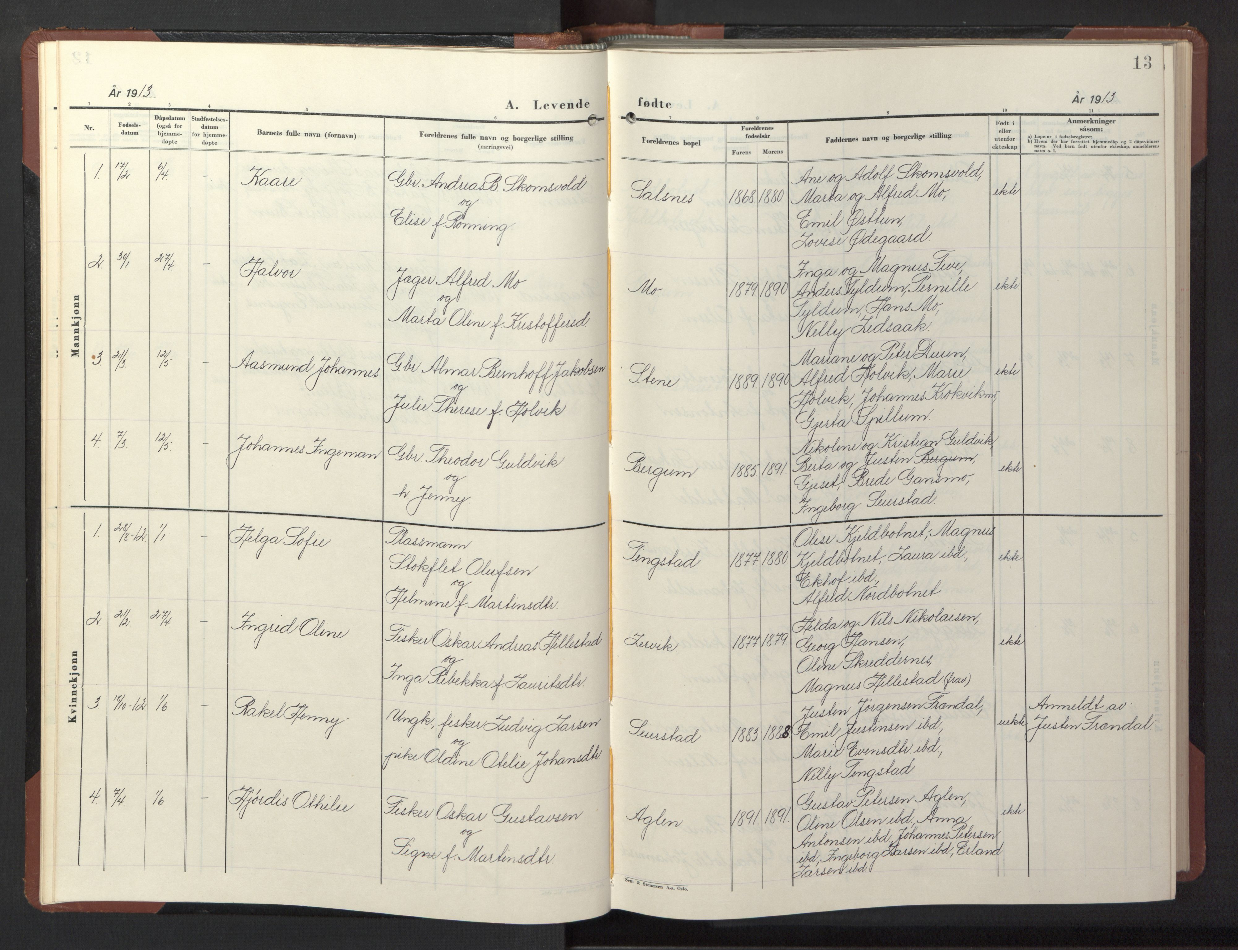 Ministerialprotokoller, klokkerbøker og fødselsregistre - Nord-Trøndelag, SAT/A-1458/773/L0625: Parish register (copy) no. 773C01, 1910-1952, p. 13