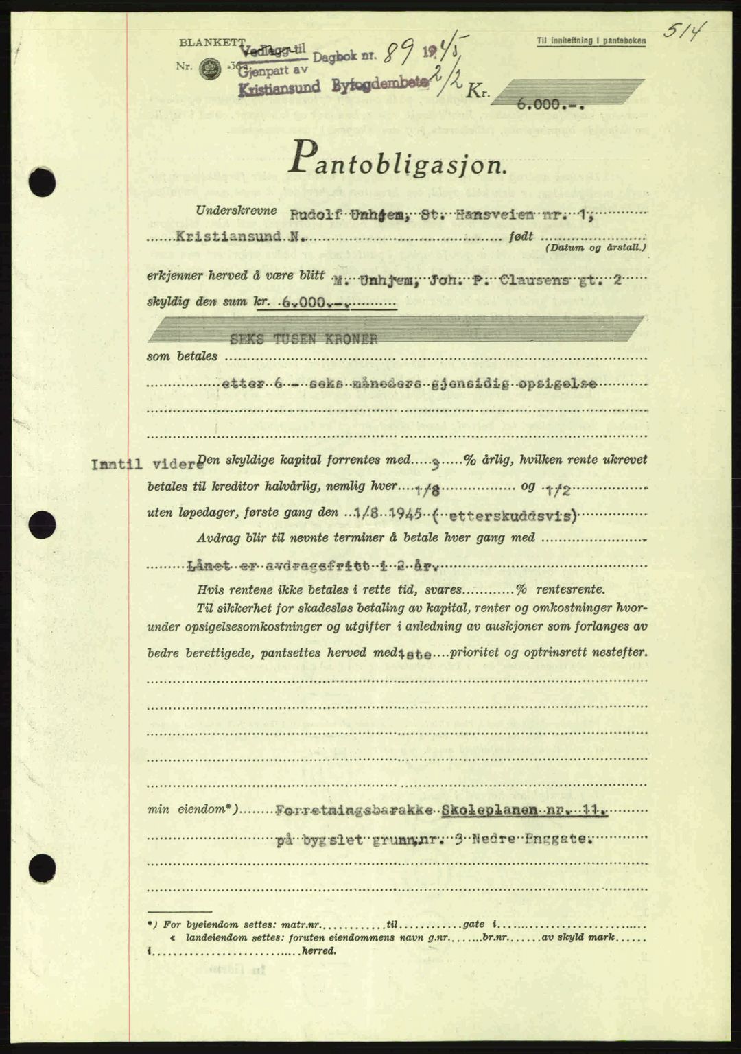 Kristiansund byfogd, SAT/A-4587/A/27: Mortgage book no. 37-38, 1943-1945, Diary no: : 89/1945