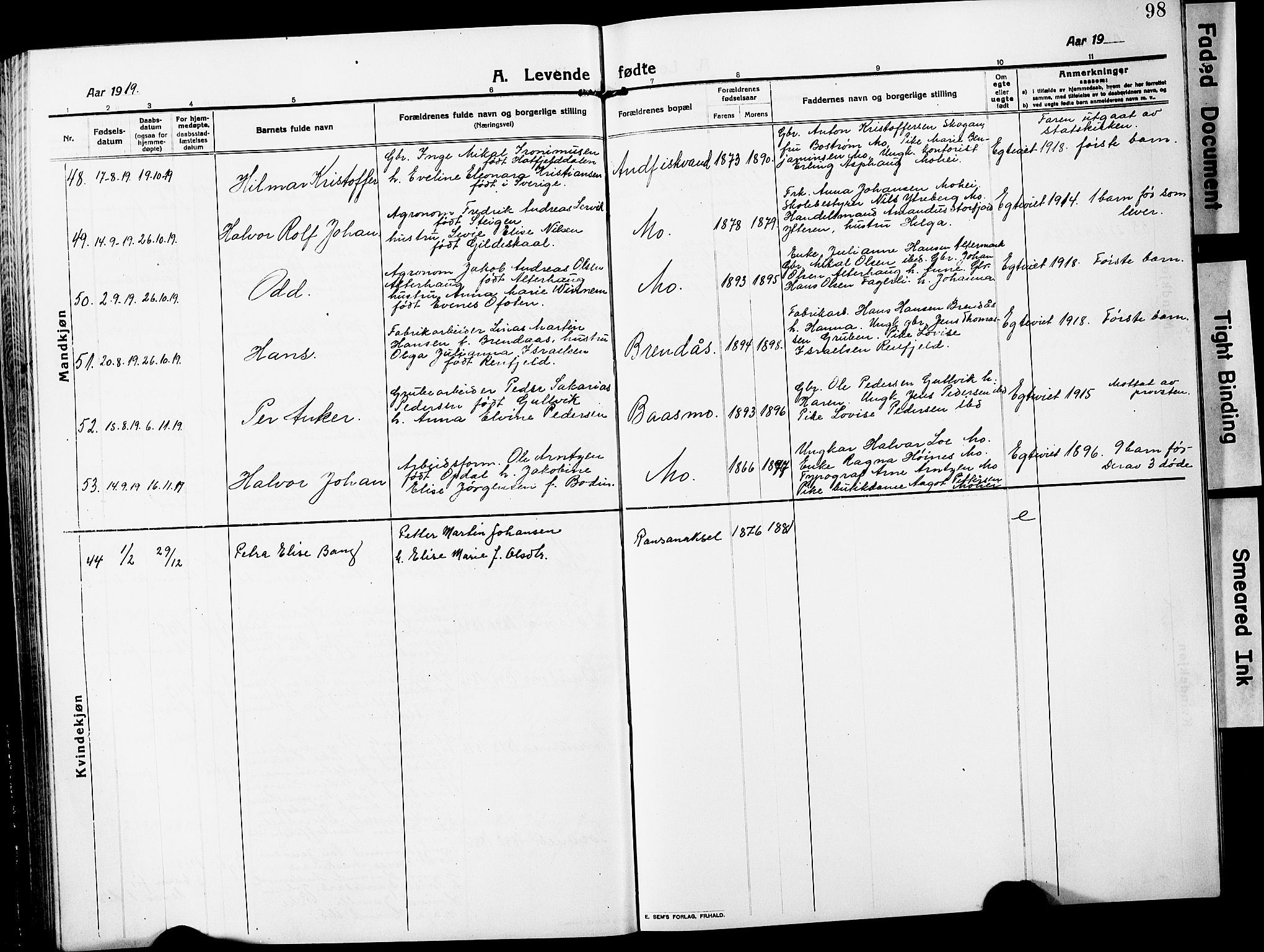 Ministerialprotokoller, klokkerbøker og fødselsregistre - Nordland, AV/SAT-A-1459/827/L0423: Parish register (copy) no. 827C12, 1912-1930, p. 98