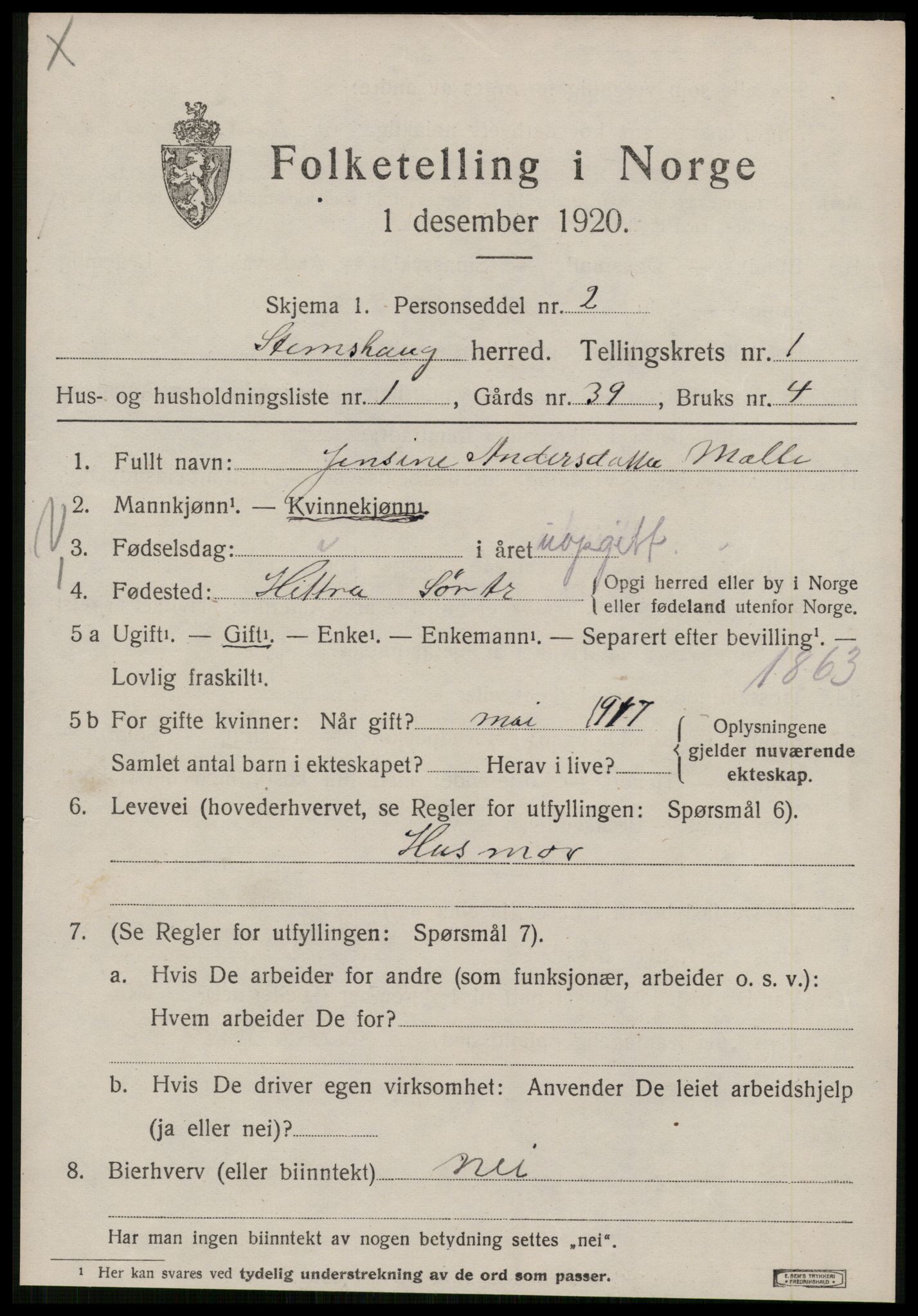 SAT, 1920 census for Stemshaug, 1920, p. 326