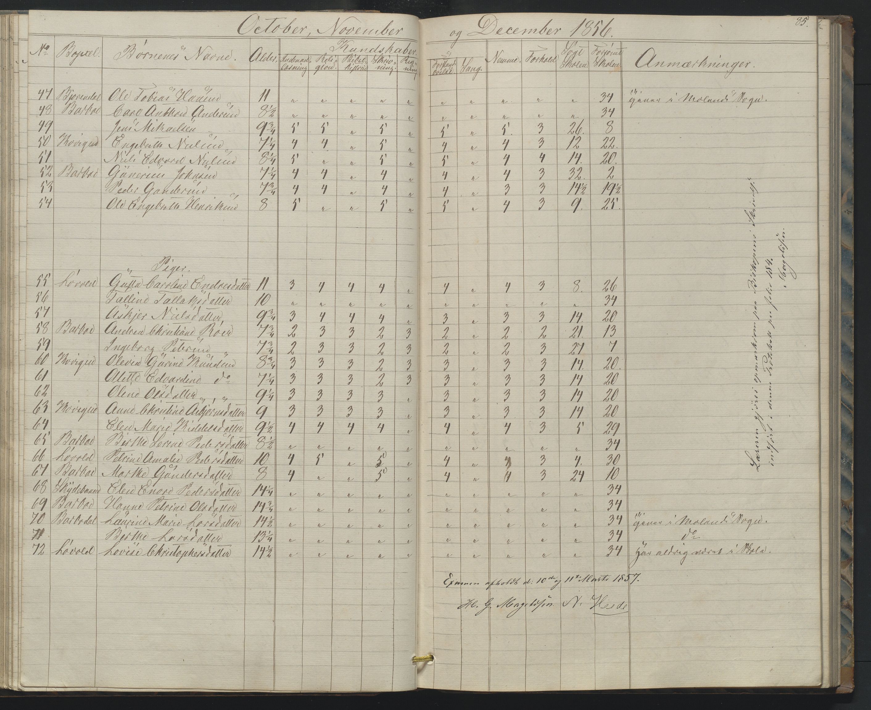 Arendal kommune, Katalog I, AAKS/KA0906-PK-I/07/L0158: Skoleprotokoll for "Barboe faste skole", 1851-1862, p. 85