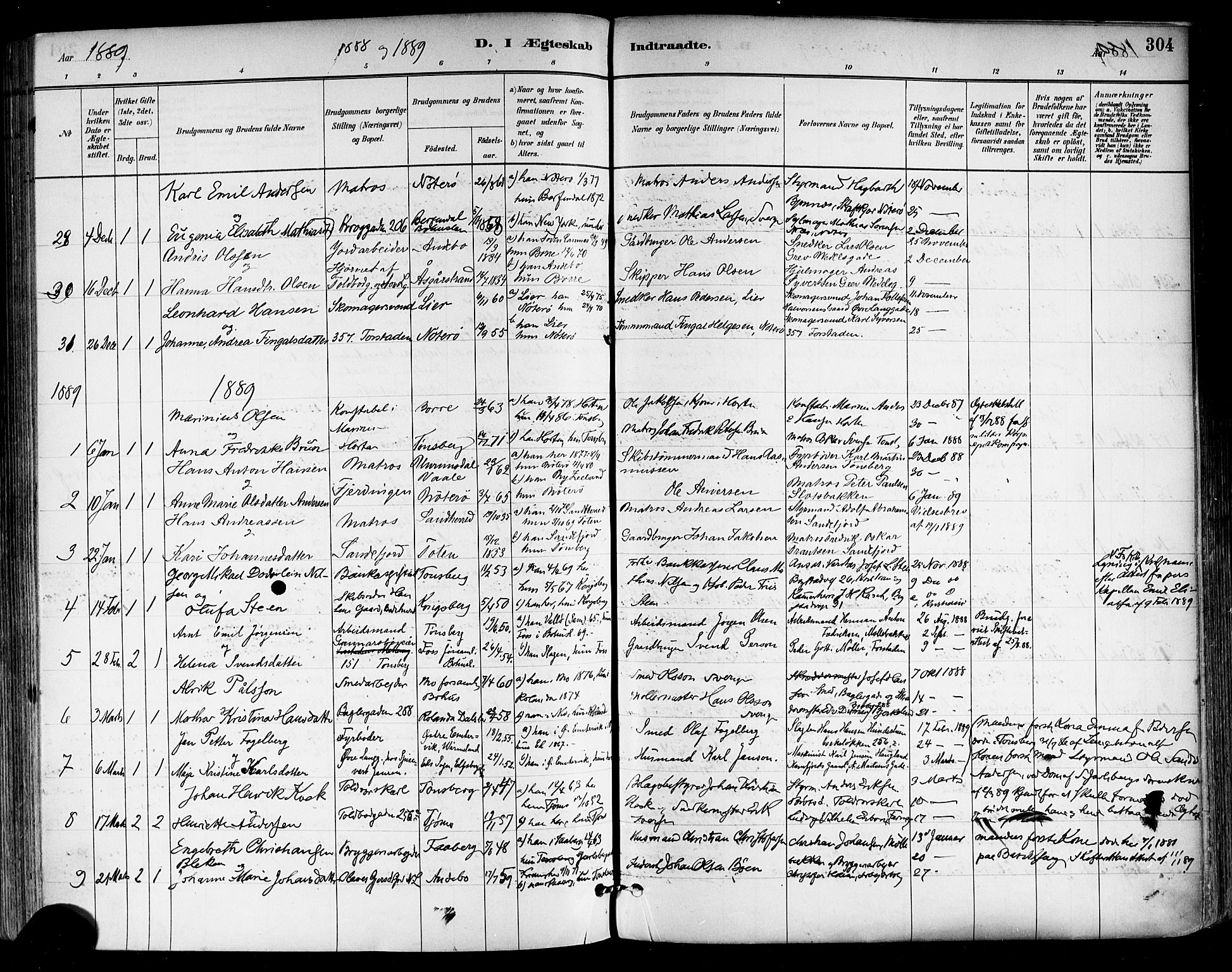 Tønsberg kirkebøker, SAKO/A-330/F/Fa/L0011: Parish register (official) no. I 11, 1881-1890, p. 304