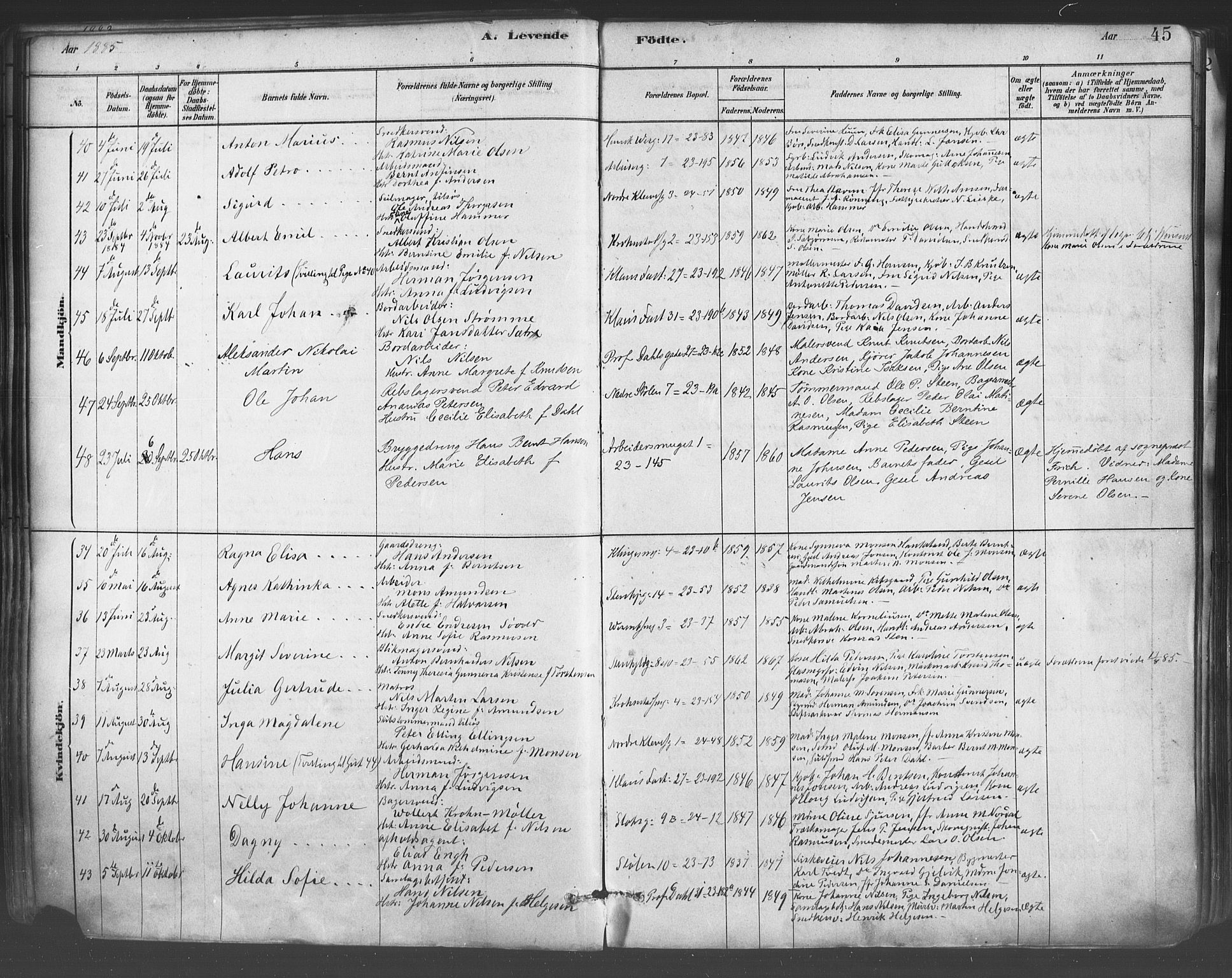 Mariakirken Sokneprestembete, AV/SAB-A-76901/H/Haa/L0007: Parish register (official) no. A 7, 1878-1893, p. 45