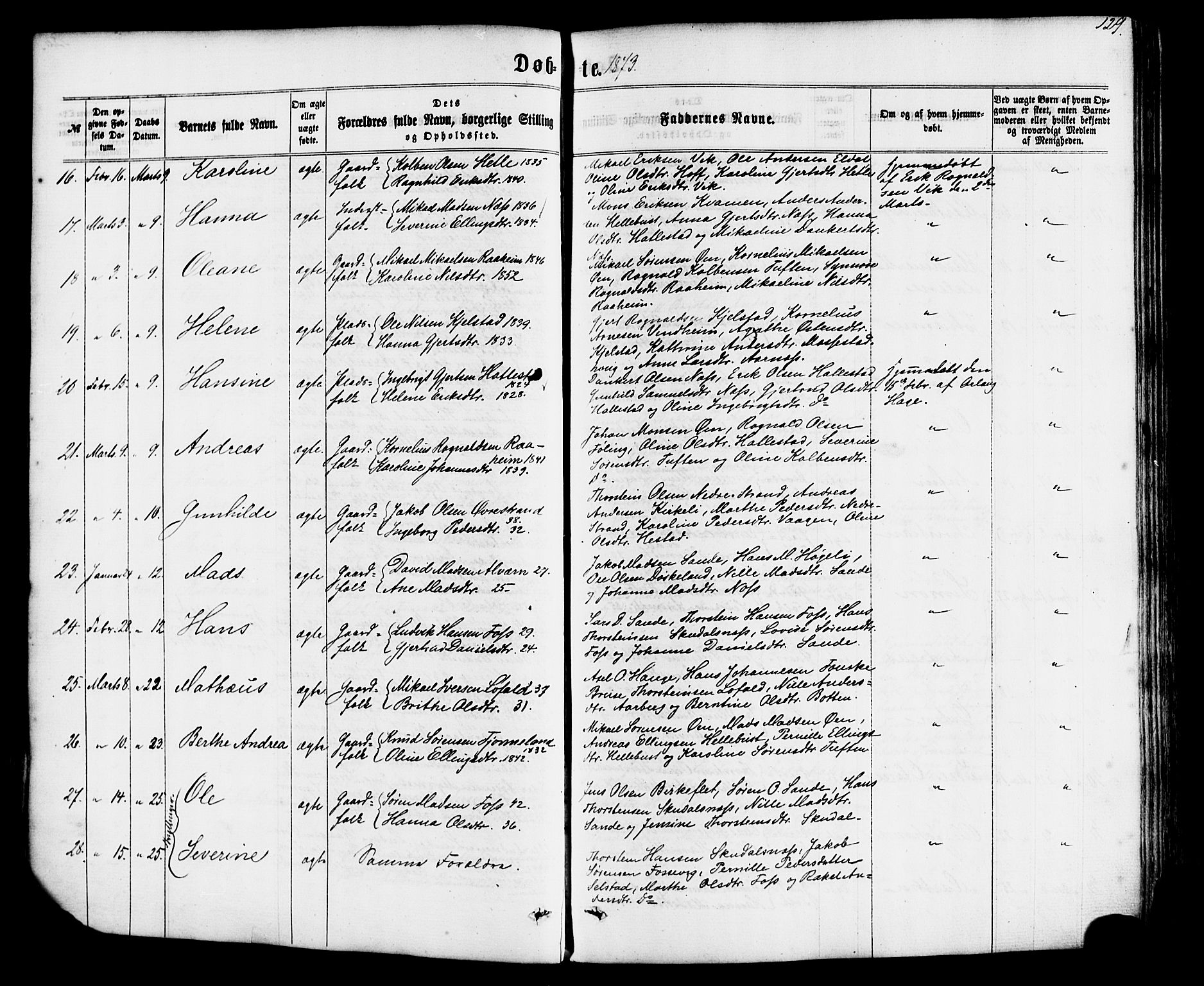 Gaular sokneprestembete, AV/SAB-A-80001/H/Haa: Parish register (official) no. A 5, 1860-1881, p. 129