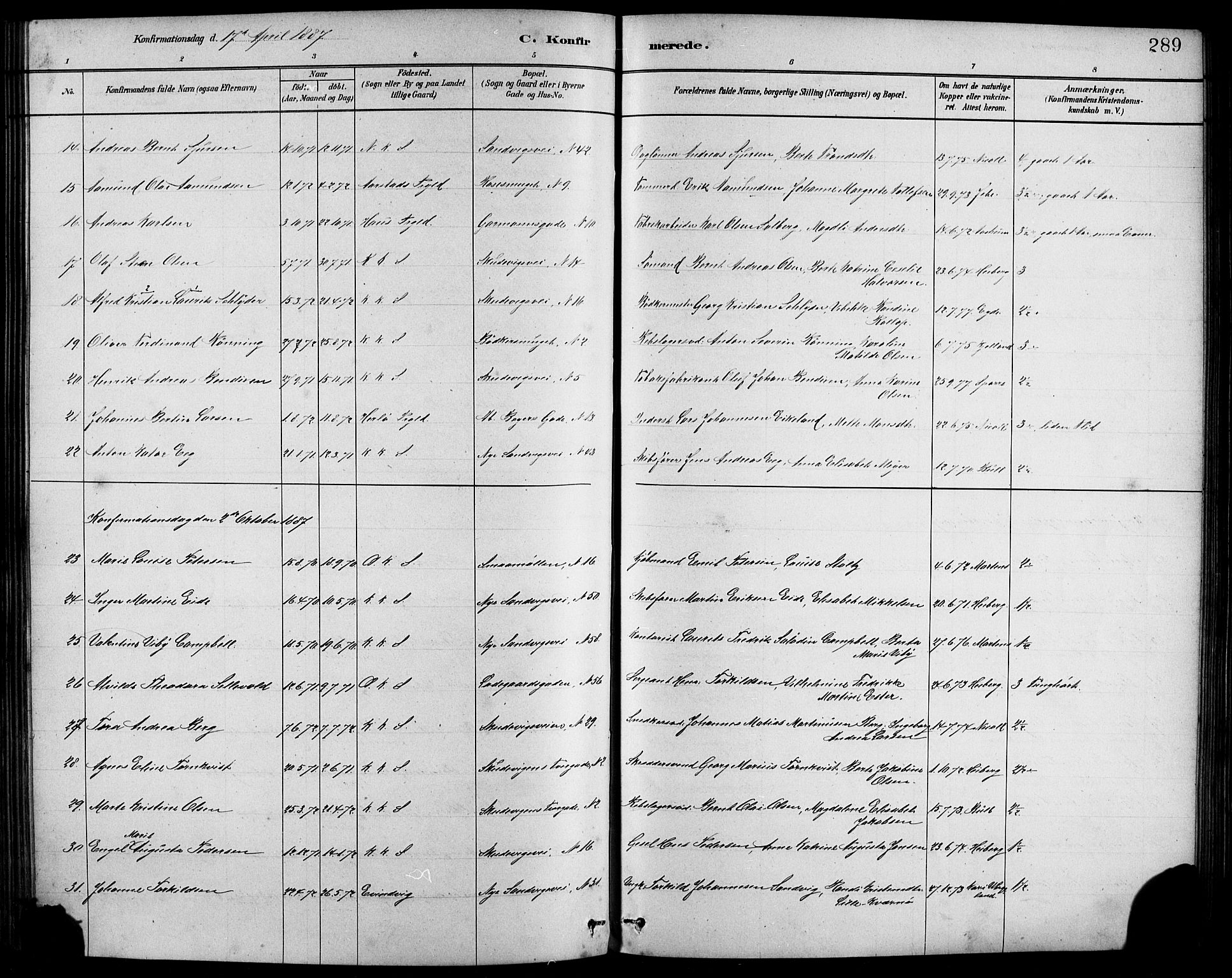 Sandviken Sokneprestembete, AV/SAB-A-77601/H/Hb/L0001: Parish register (copy) no. A 2, 1879-1892, p. 289