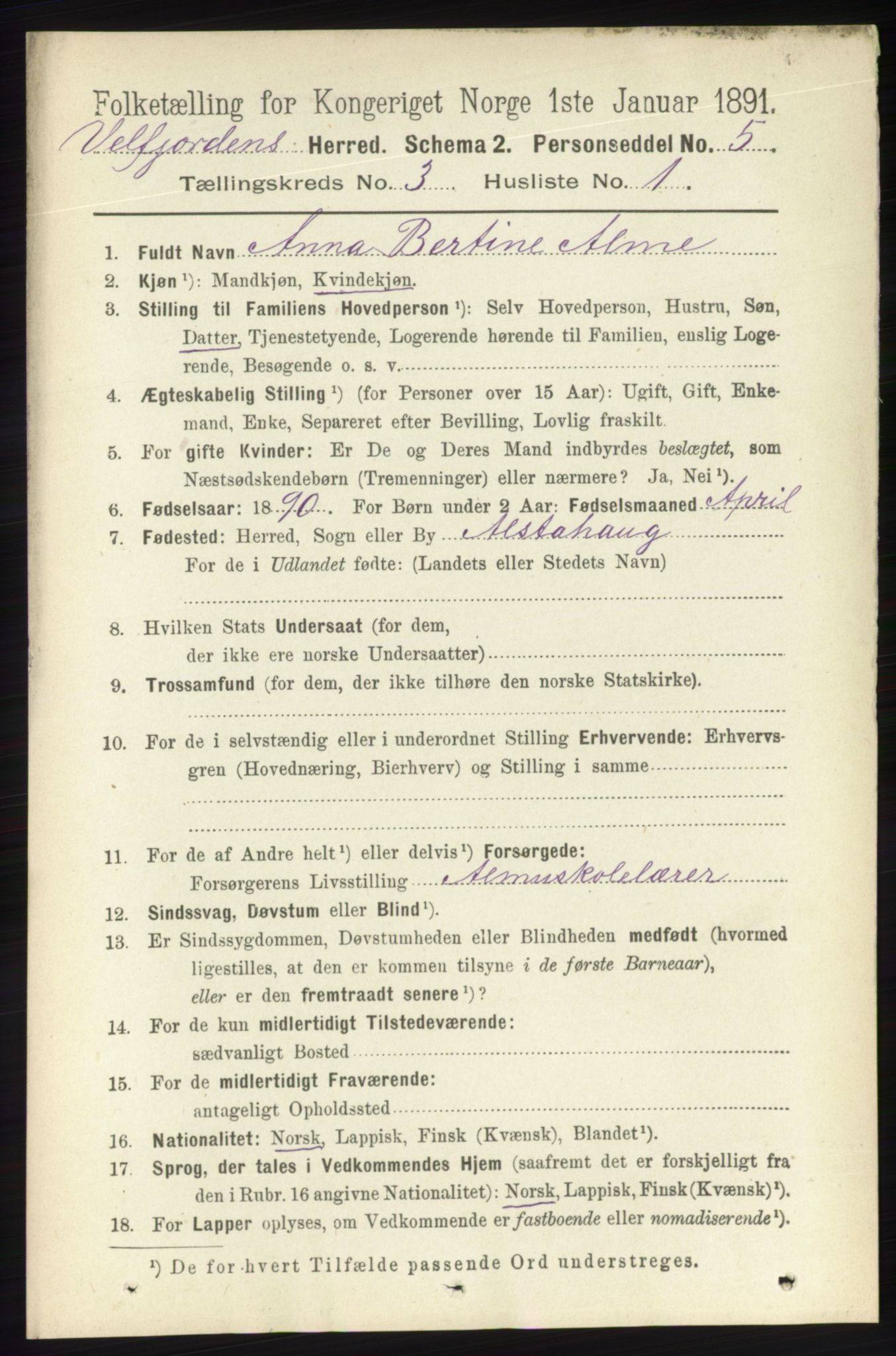 RA, 1891 census for 1813 Velfjord, 1891, p. 1034