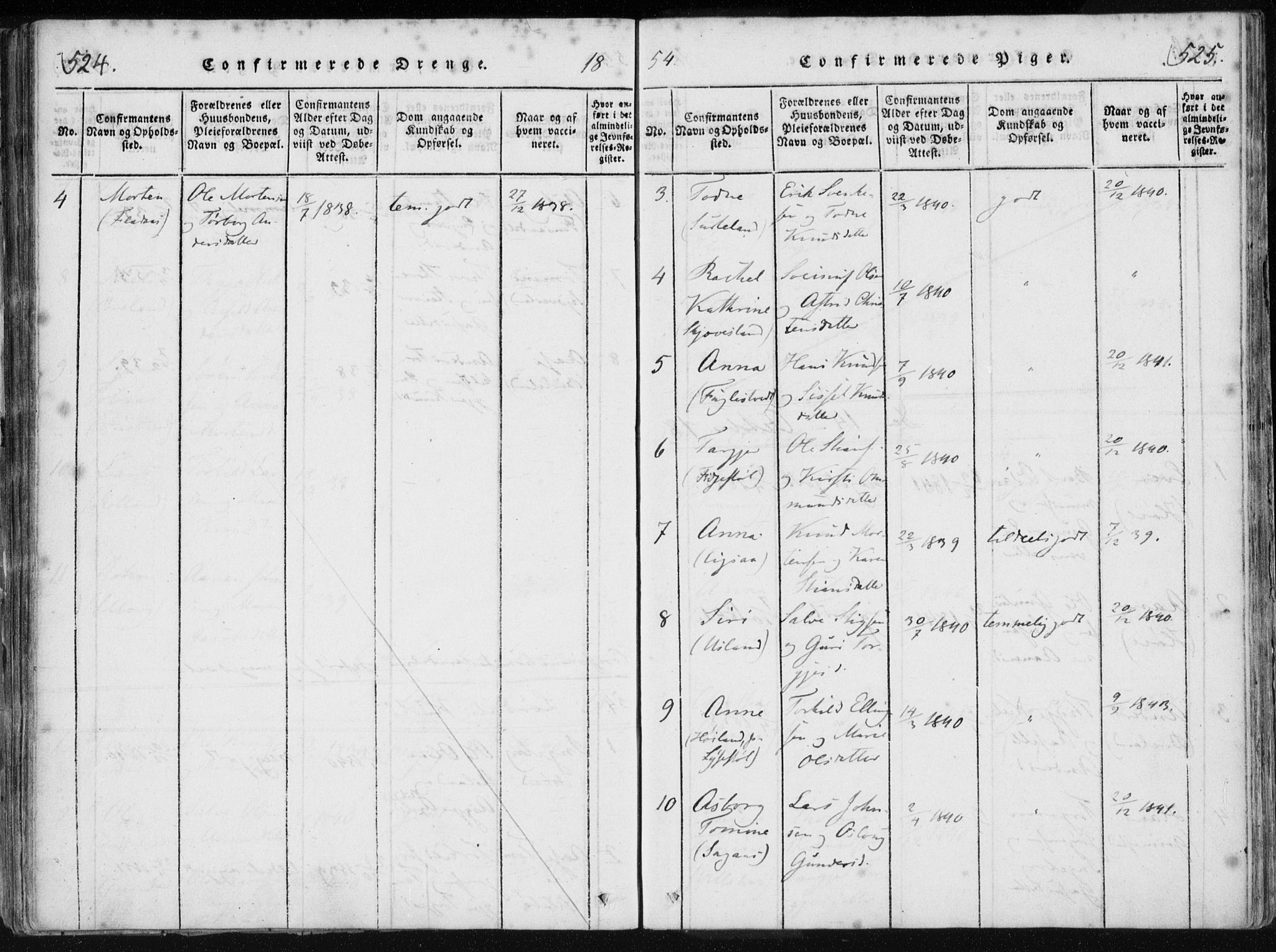 Holum sokneprestkontor, AV/SAK-1111-0022/F/Fa/Fac/L0002: Parish register (official) no. A 2, 1821-1859, p. 524-525