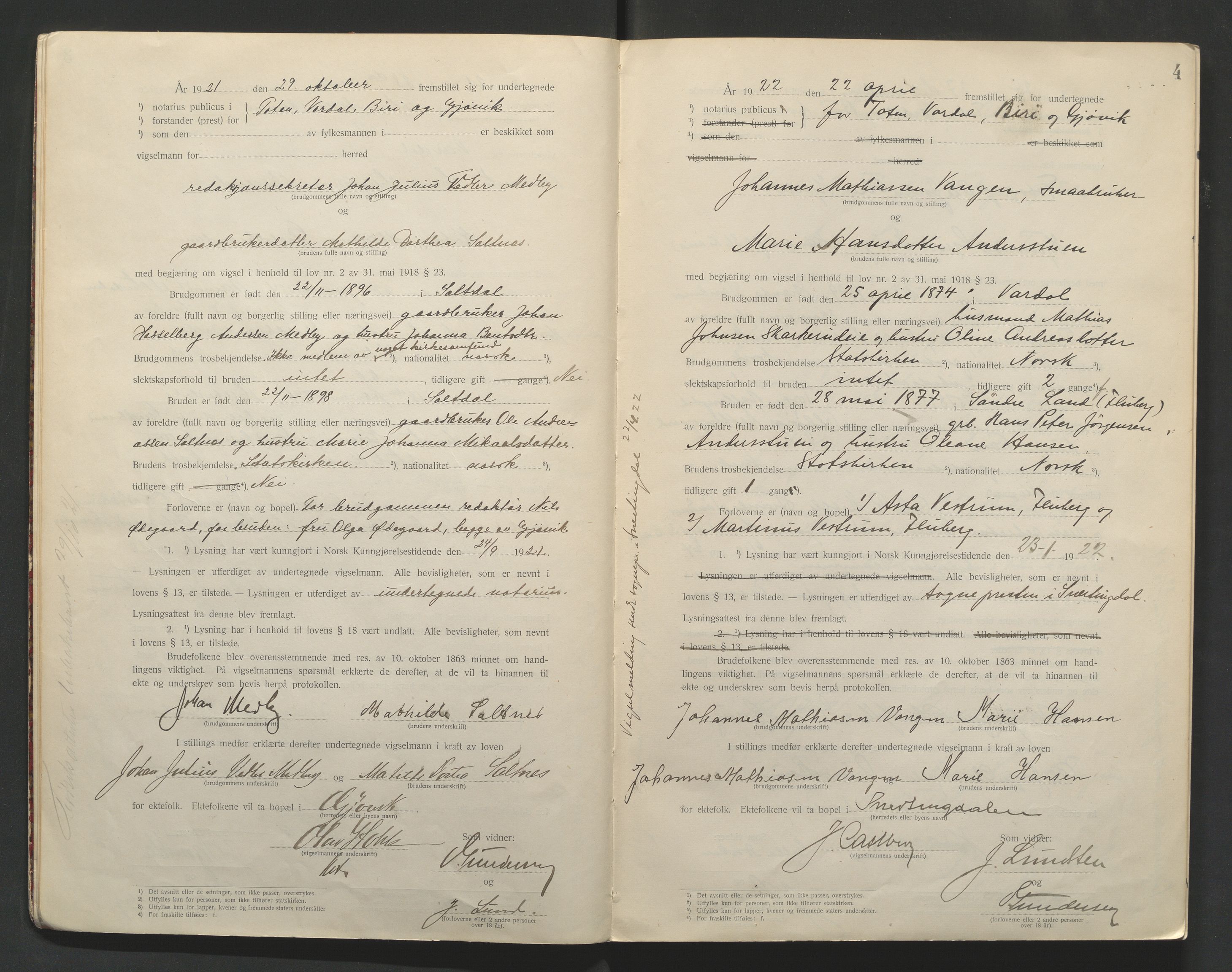 Toten tingrett, AV/SAH-TING-006/L/Lc/L0001: Vigselbok, 1920-1942, p. 4