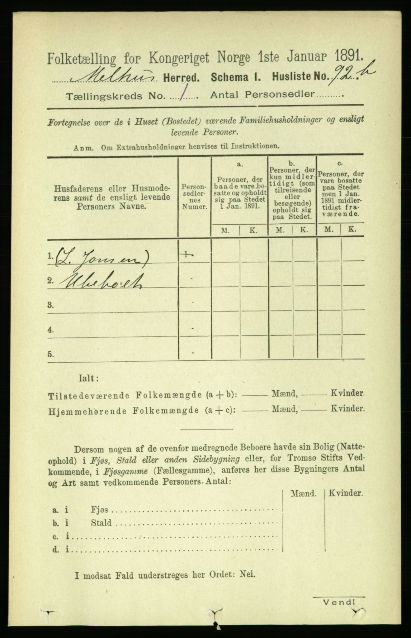 RA, 1891 census for 1653 Melhus, 1891, p. 113